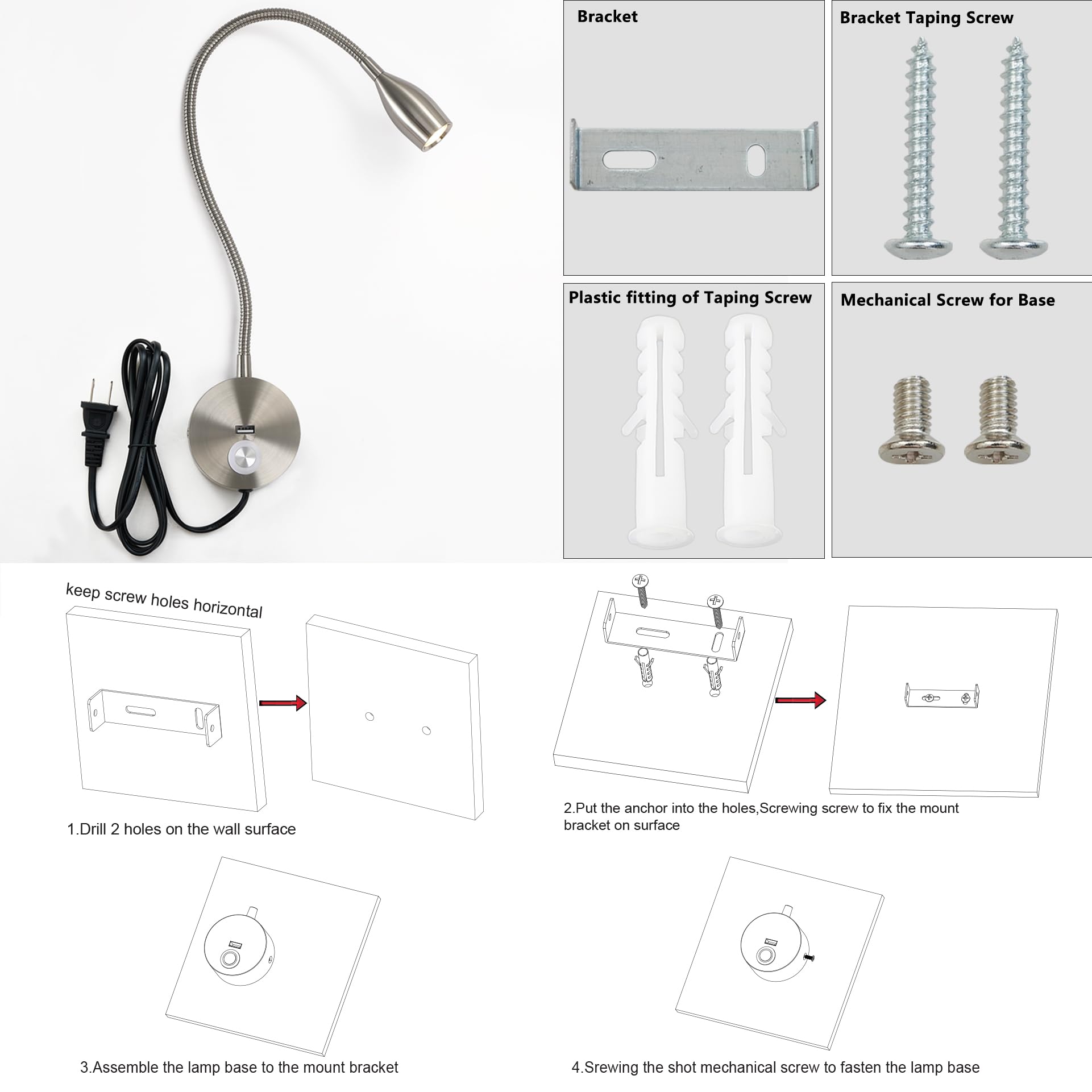 Wall Mounted Dimmable LED Reading Light with Touch Switch - Adjustable Gooseneck Task Lamp for Bed Headboard (3W, 120V AC, Brushed Nickel, Warm White) - Perfect for Night Reading, Studying, and Bedside Lighting