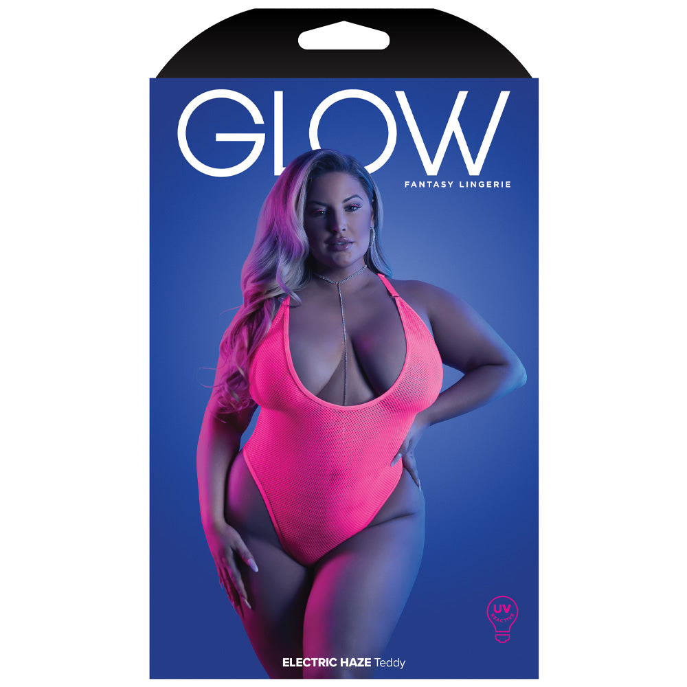 Fantasy Lingerie Glow Electric Haze Plunging Net Thong Teddy for Curvy Women - Sexy Lingerie Set for Date Night & Boudoir Photography