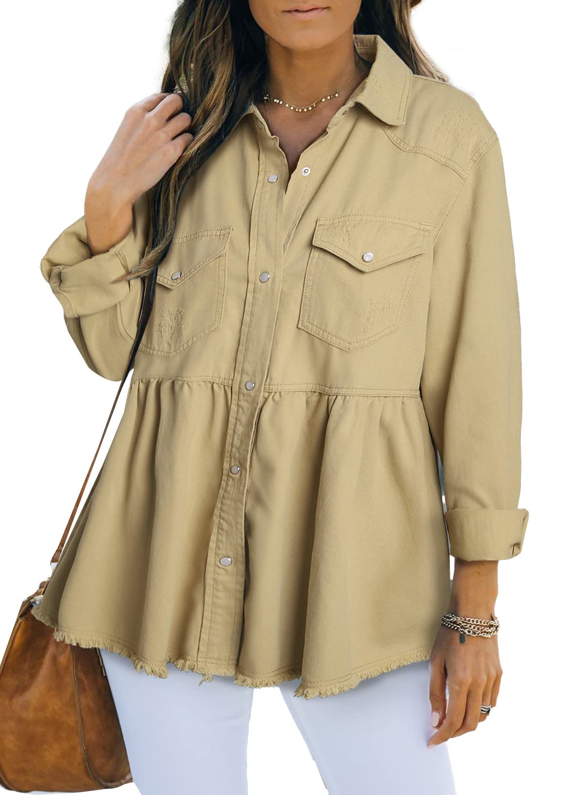 Sidefeel Women's Pleated Buttoned Frayed Pocket Raw Hem Long Sleeve Distressed Denim Jacket - Stylish Vintage Denim Coat for Casual Outings, Fall Layering & Streetwear Fashion