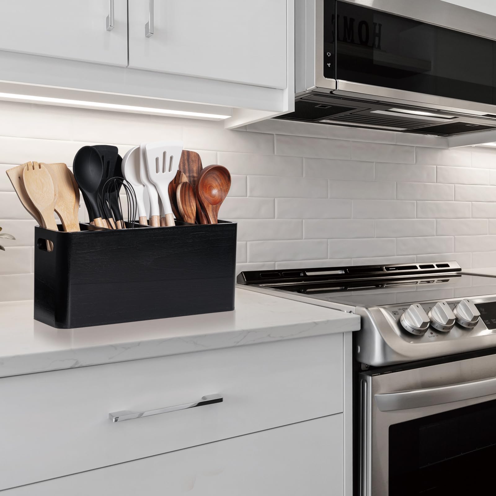 Extra Large Farmhouse Utensil Holder for Kitchen Counter - 4 Compartment Wooden Organizer for Spoons, Spatulas & Cooking Tools - Rustic Black Countertop Storage (Perfect for Farmhouse, Modern & Country Style Kitchens)