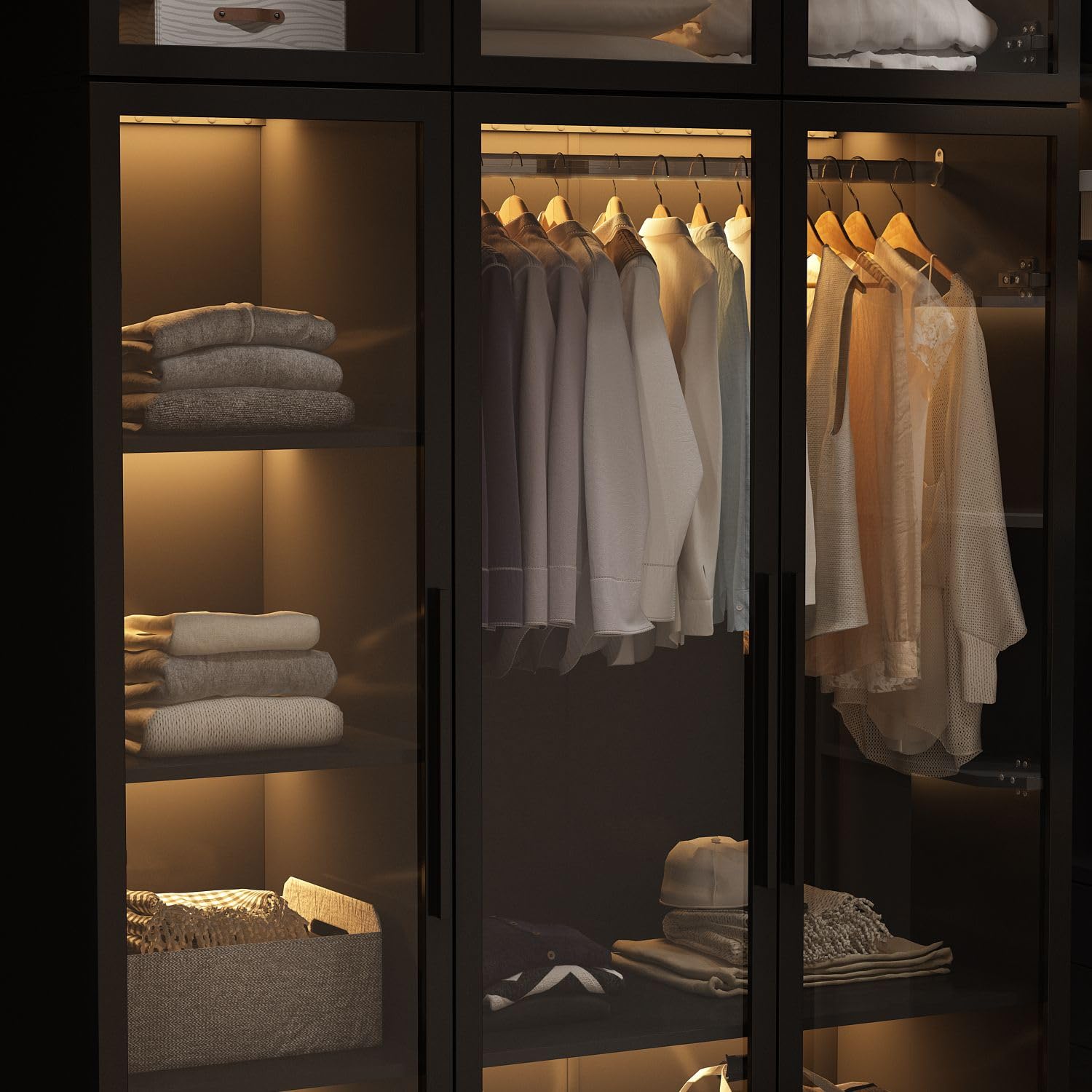 FAMAPY Black Glass Wardrobe Closet with LED Lights - 47.2