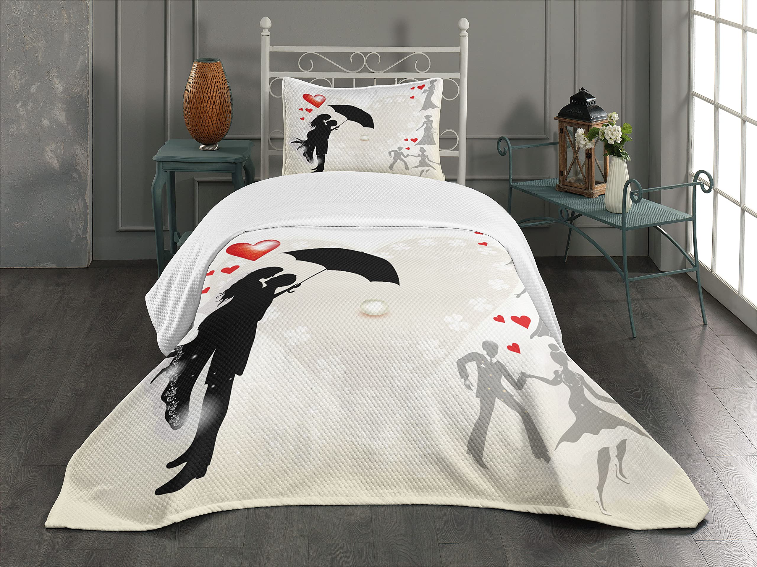 Ambesonne Romantic Wedding Bedspread Set - 3 Piece Twin Size Bedding with Love Umbrella & Heart Daisies Design (Black/White/Red) - Perfect for Anniversary Gifts, Honeymoon Suite Decor & Couples Bedroom