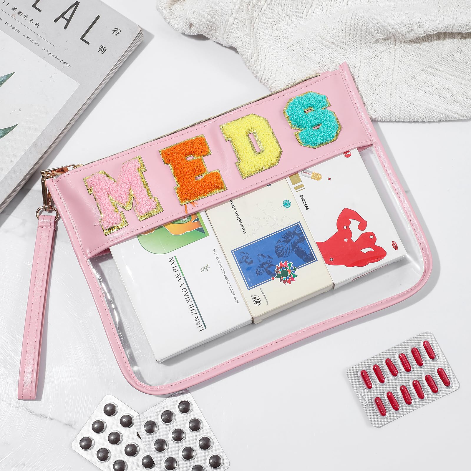 Personalized Clear Medicine Chenille Letter Makeup Bag - Waterproof PU Leather Zipper Pouch for First Aid, Travel & Cosmetics Organization - Transparent Medication Storage (Pink) - Perfect for Travel, Gym, Daily Essentials & Emergency Kits
