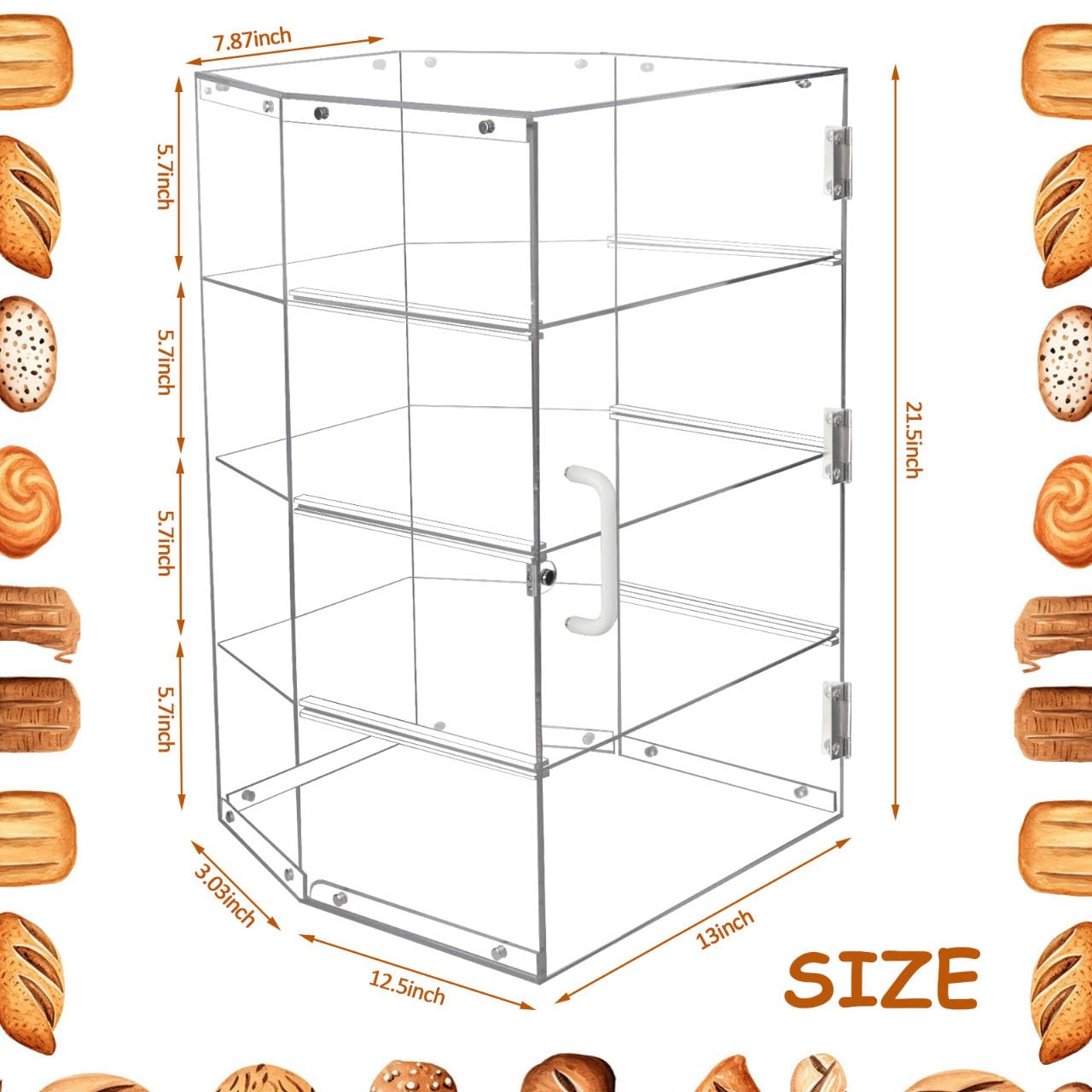 4-Tier Acrylic Bread Display Case with Front Door - Large Pastry Showcase for Cake, Donut, Sourdough Bread - Perfect for Bakery Countertops, Kitchen Storage & Commercial Display