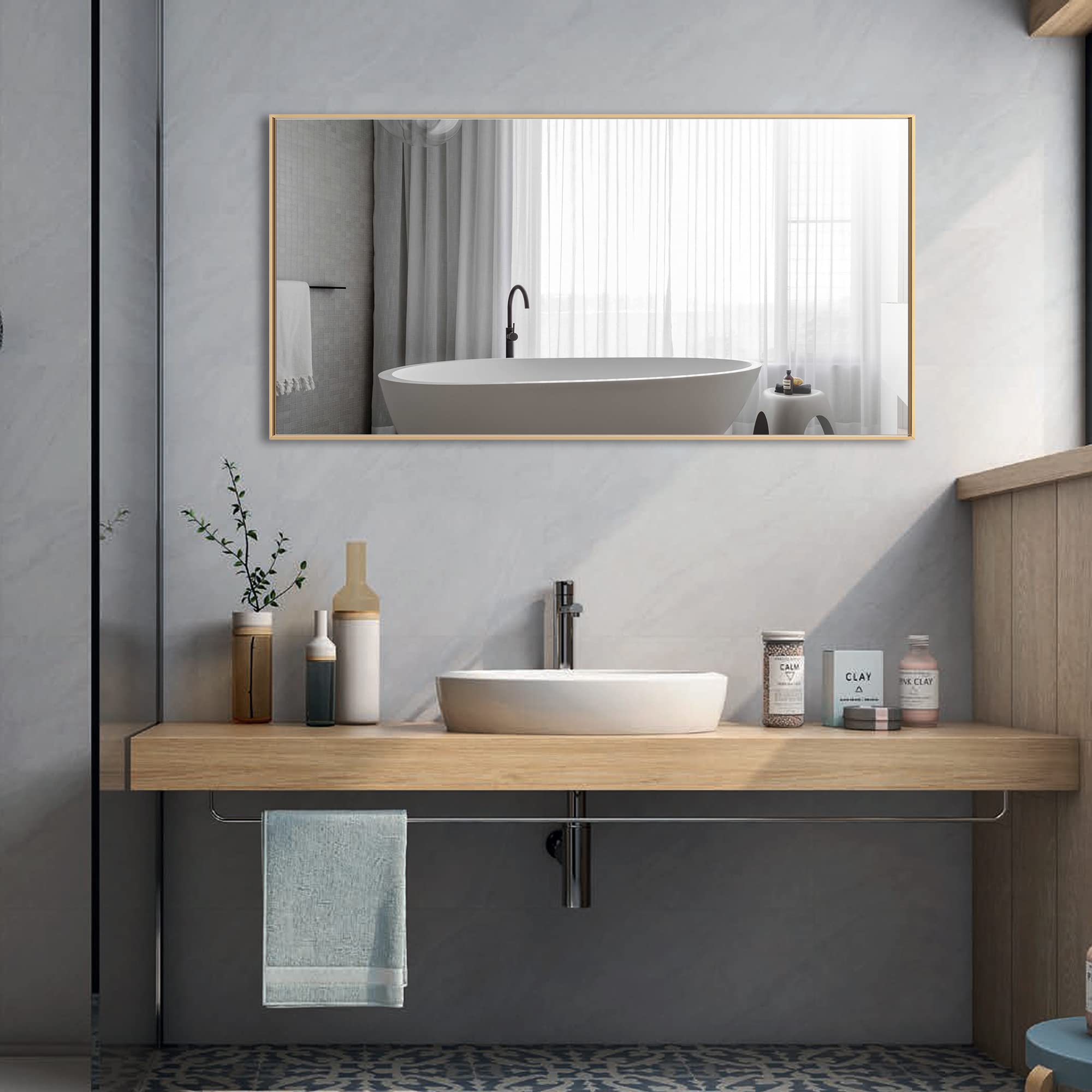 Bonverre 27 x 40 Inch Rectangle Wall Mirror with Aluminum Frame - Gold Horizontal/Vertical Mount for Bathroom, Vanity, Bedroom, Living Room & Entryway - Perfect for Home Decor & Space Enhancement