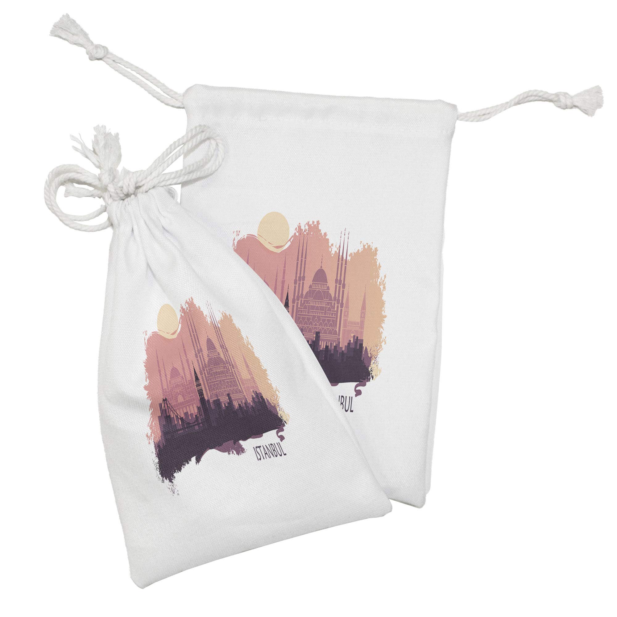 Ambesonne 2-Pack Travel Fabric Pouch Set - Turkish City Landscape with Famous Buildings, Small Drawstring Bags for Toiletries, Masks & Gifts (9