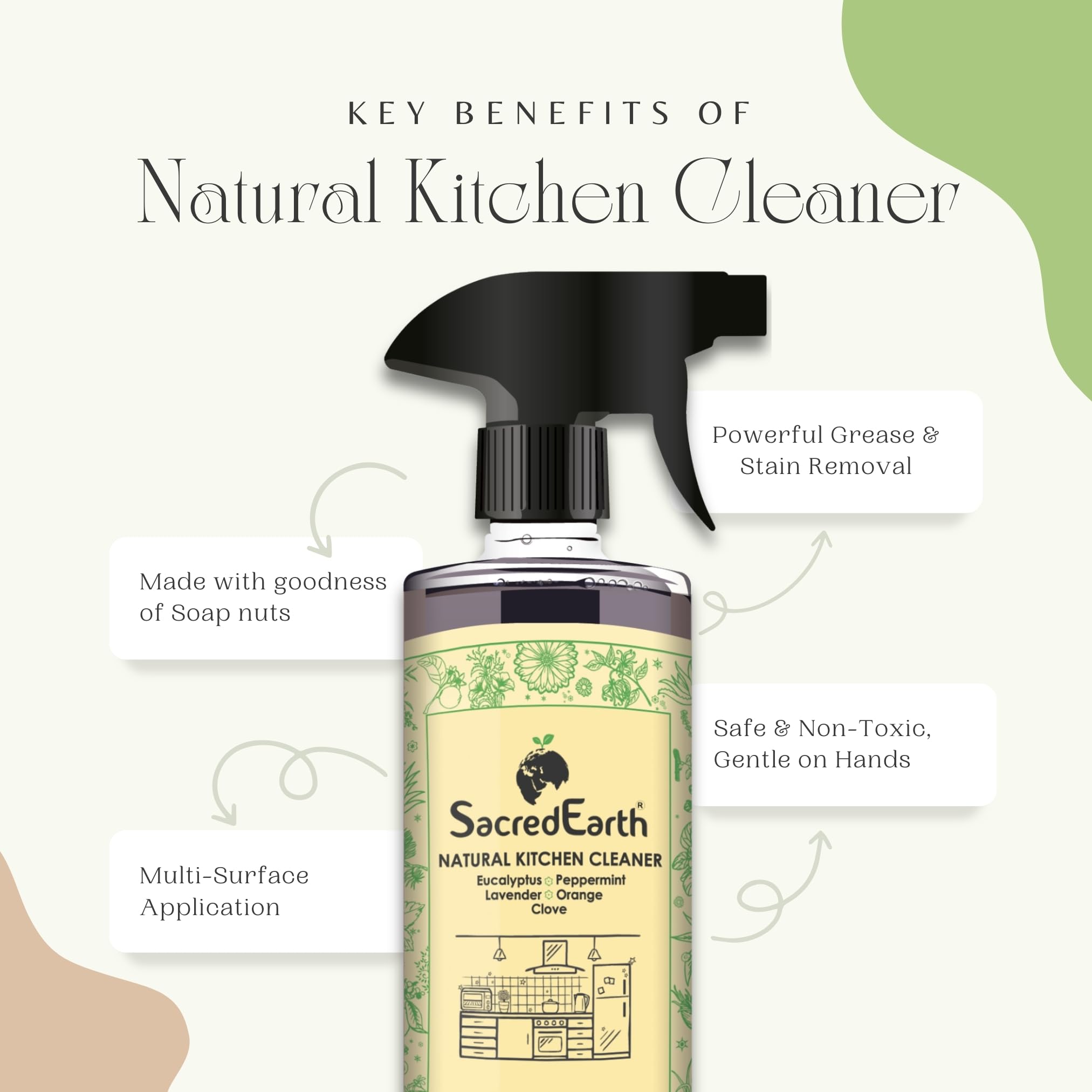 SacredEarth All-Natural Kitchen Cleaner with Orange, Lavender, Clove, Eucalyptus & Peppermint - 500ml Eco-Friendly Degreaser for Countertops, Stoves, Sinks & Appliances