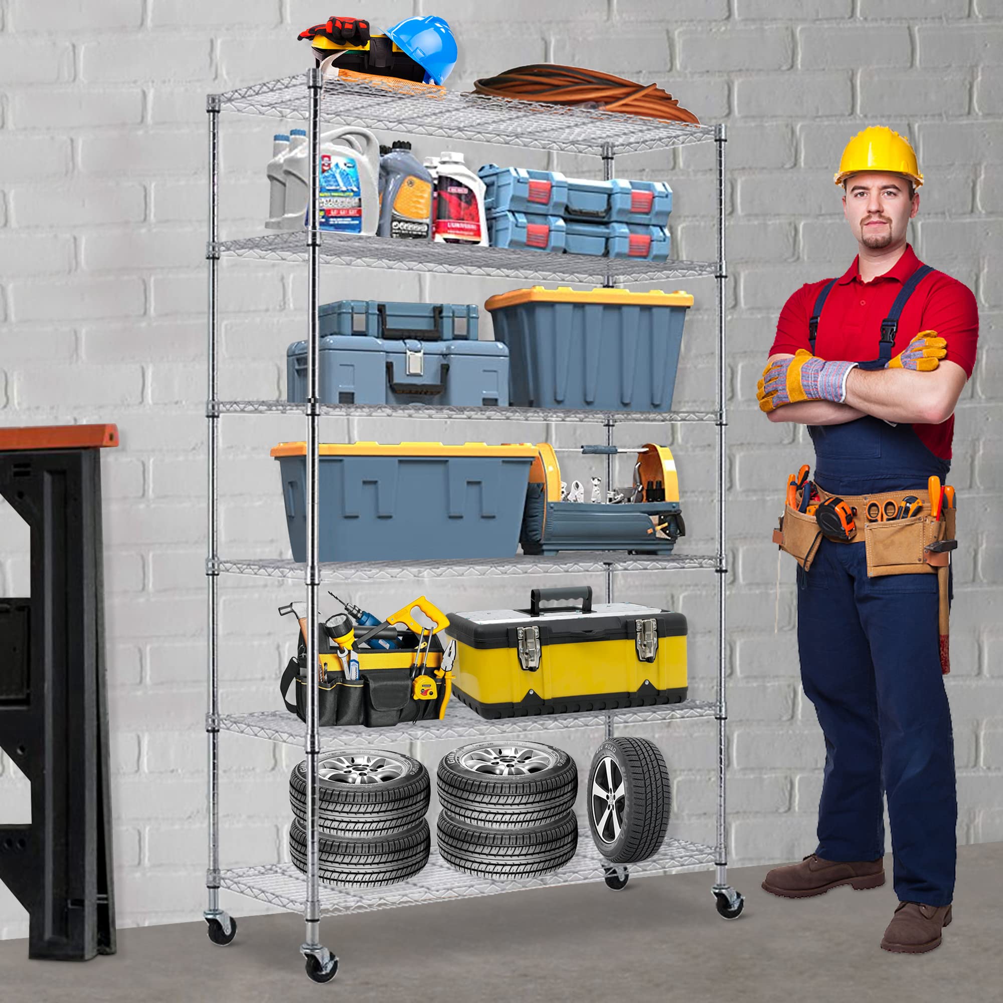 6-Tier Heavy Duty Metal Shelving Unit - 2100LBS Capacity NSF-Certified Commercial Storage Rack with Wheels, Adjustable Height for Kitchen, Garage, Pantry & Warehouse Organization | Rolling Utility Shelves for Home & Business Use