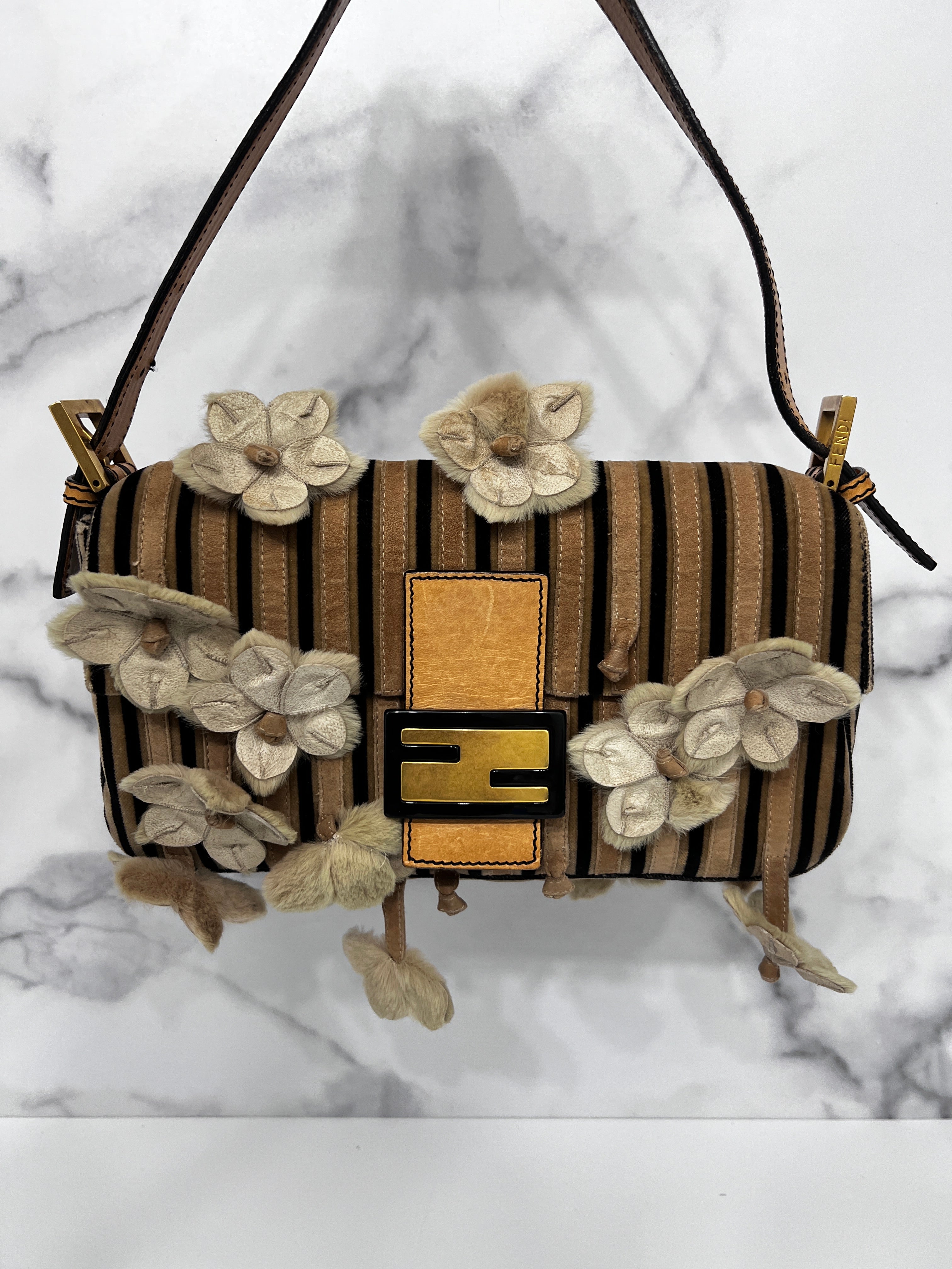 Fendi Velvet 3D Flowers Strip Baguette Bag - Luxury Designer Crossbody Purse for Women, Perfect for Parties, Weddings & Evening Events