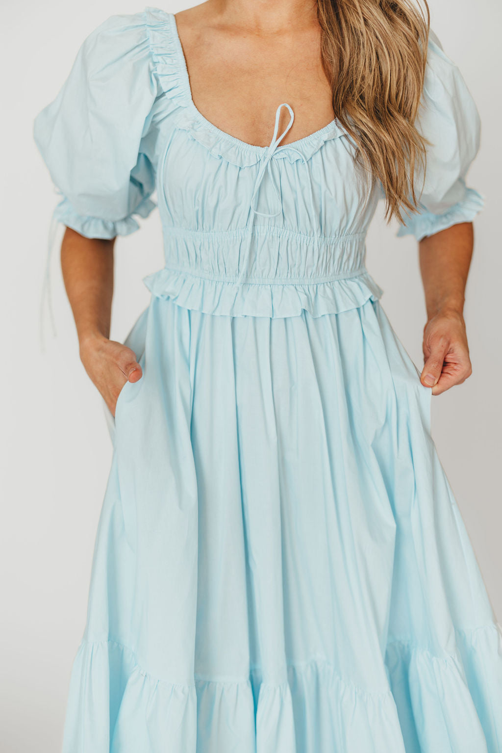 100% Cotton Crissy Ruched Midi Dress - Baby Blue | Bump Friendly Maternity Dress for Pregnancy & Nursing | Perfect for Baby Showers, Maternity Photos & Casual Outings