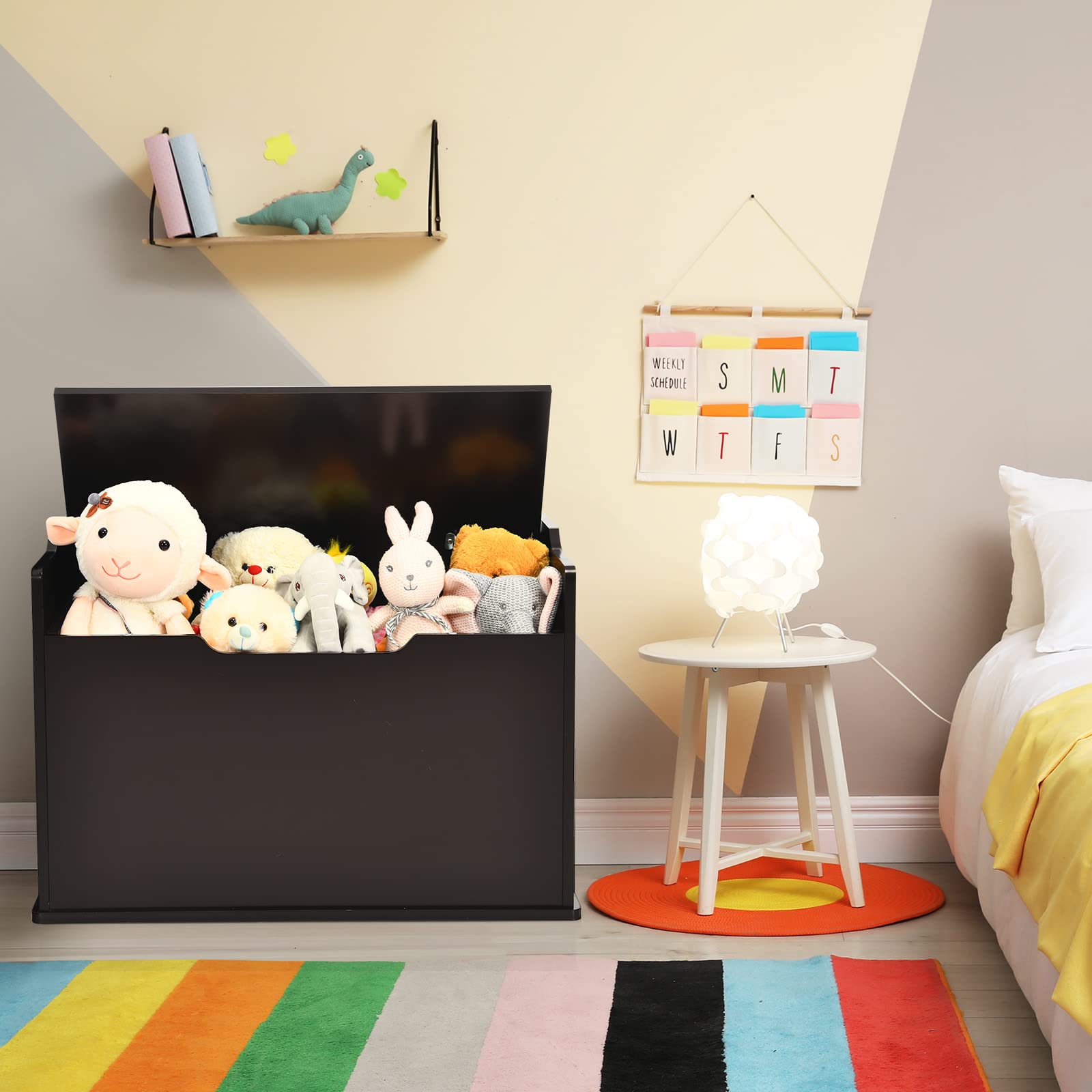 Costzon Modern Espresso Wooden Toy Chest with Bench Seat - Safe Finger-Pinch Prevention Lift-Top Storage Trunk for Kids' Bedroom, Playroom & Nursery - Multi-Functional Toy Organizer with Footrest for Entryway & Living Room