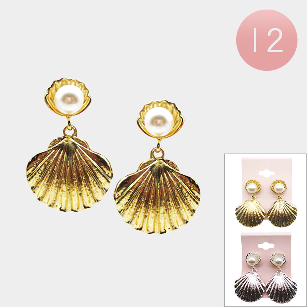 12 Pairs Elegant Pearl Pointed Metal Shell Dangle Earrings for Women - Perfect for Weddings, Parties & Special Occasions