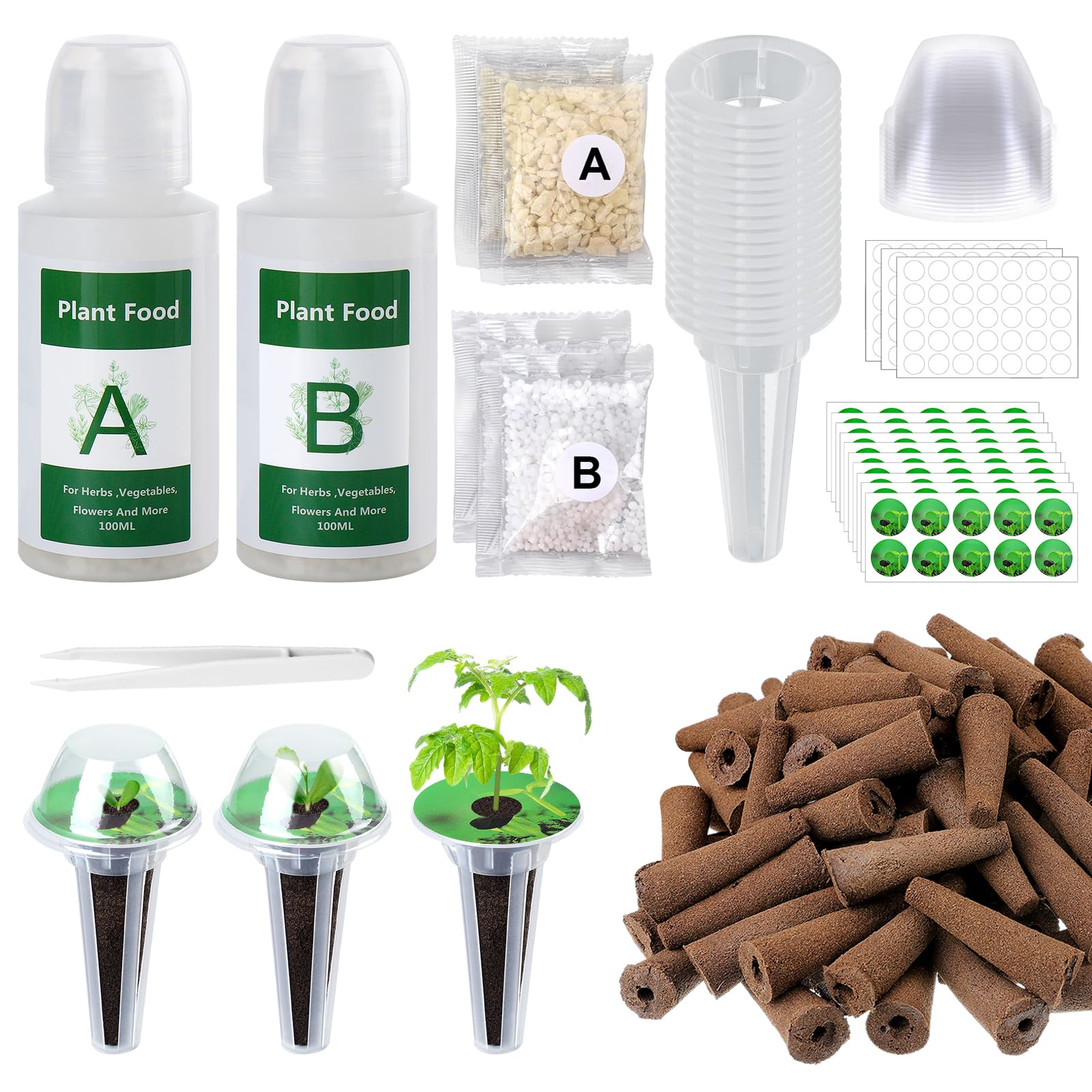 Hydroponic Pods Kit for Aerogarden - 100pcs Growing Sponge, Plant Basket, Seed Starter Kit with Pod Labels & Plant Food | Compatible with Indoor Hydroponic Systems | Perfect for Home Gardening, Herb Growing & Indoor Farming