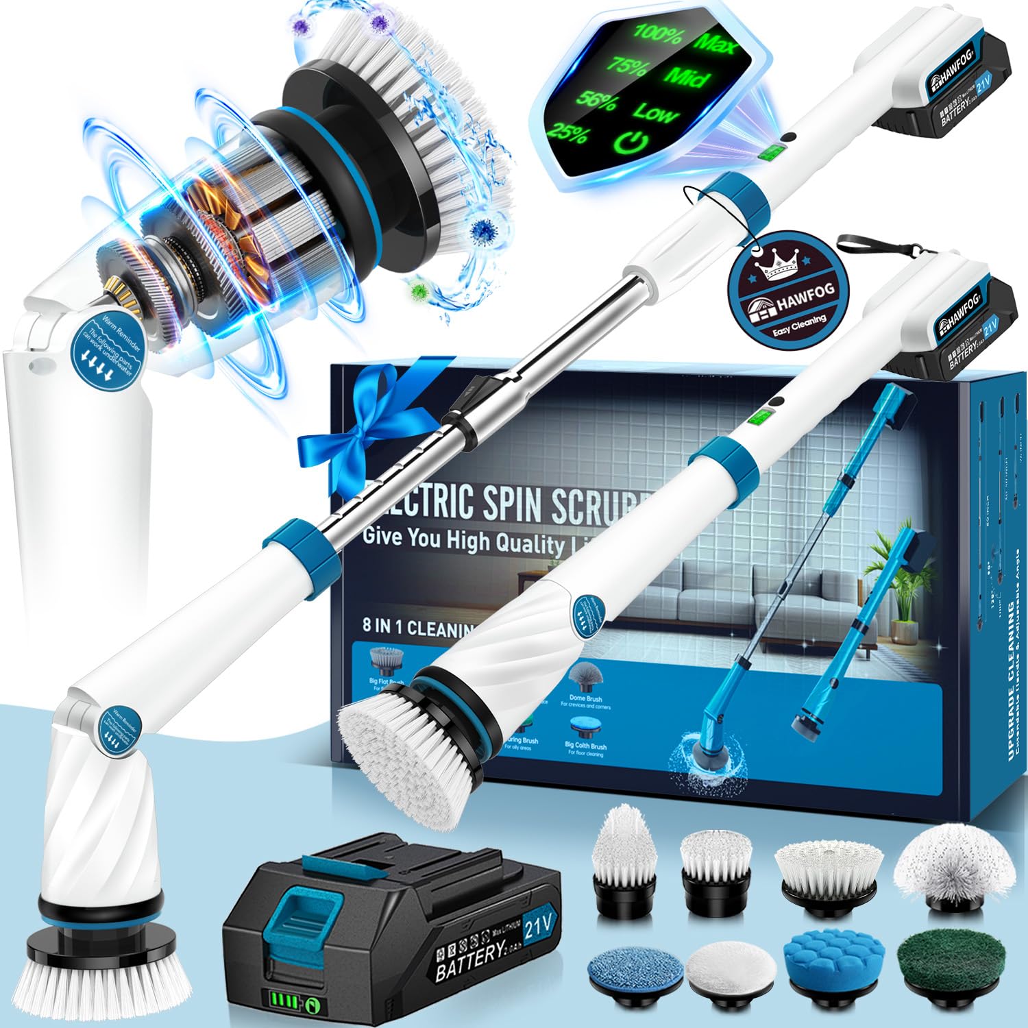 Electric Spin Scrubber - Cordless Power Cleaning Brush with 8 Replaceable Heads, 1200 RPM & 2000mAh Battery for Deep Cleaning - 50 Inch Long Handle Shower Scrubber for Bathroom, Tile, Grout, Sink (Perfect for Kitchen, Bathroom, and Hard-to-Reach Areas)