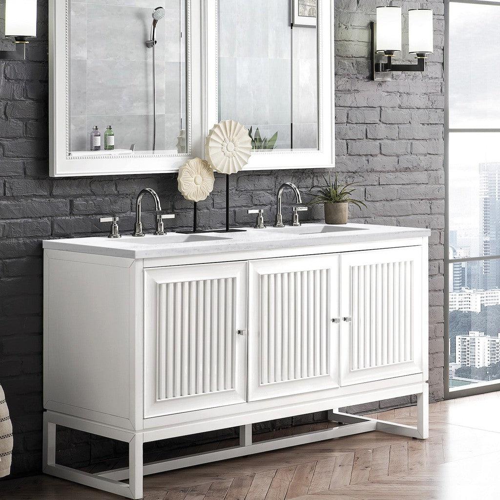 James Martin Vanities Athens Collection 60-Inch Double Bathroom Vanity in Glossy White with Solid Surface Countertop - Modern Bathroom Furniture for Master Bath & Guest Bath Remodeling