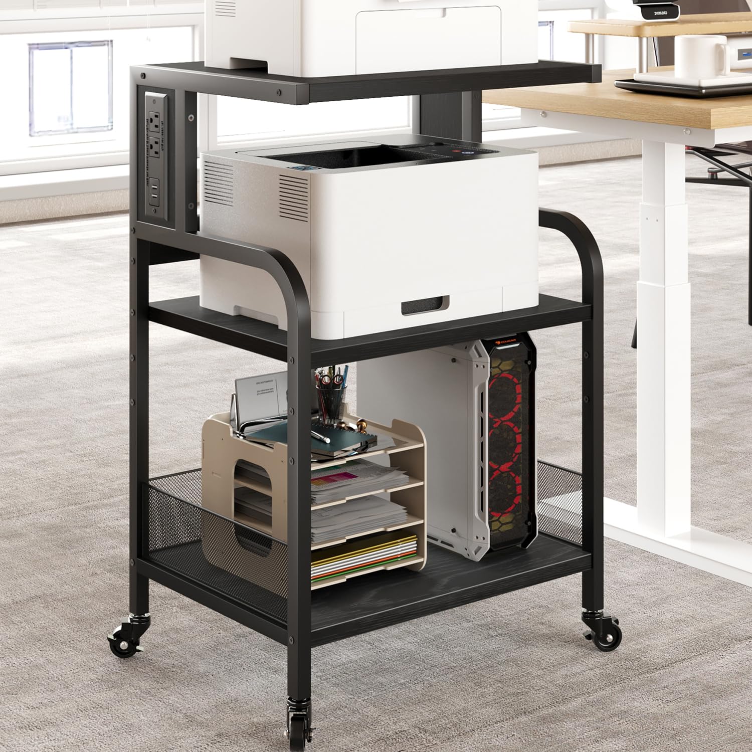 GAOMON Large Printer Stand with Power Outlets & USB Ports - 3-Tier Adjustable Rolling Cart with Storage Shelf - Mobile Printer Table for Home Office & Living Room - Rustic Black - Perfect for Organizing Printers, Scanners & Office Supplies