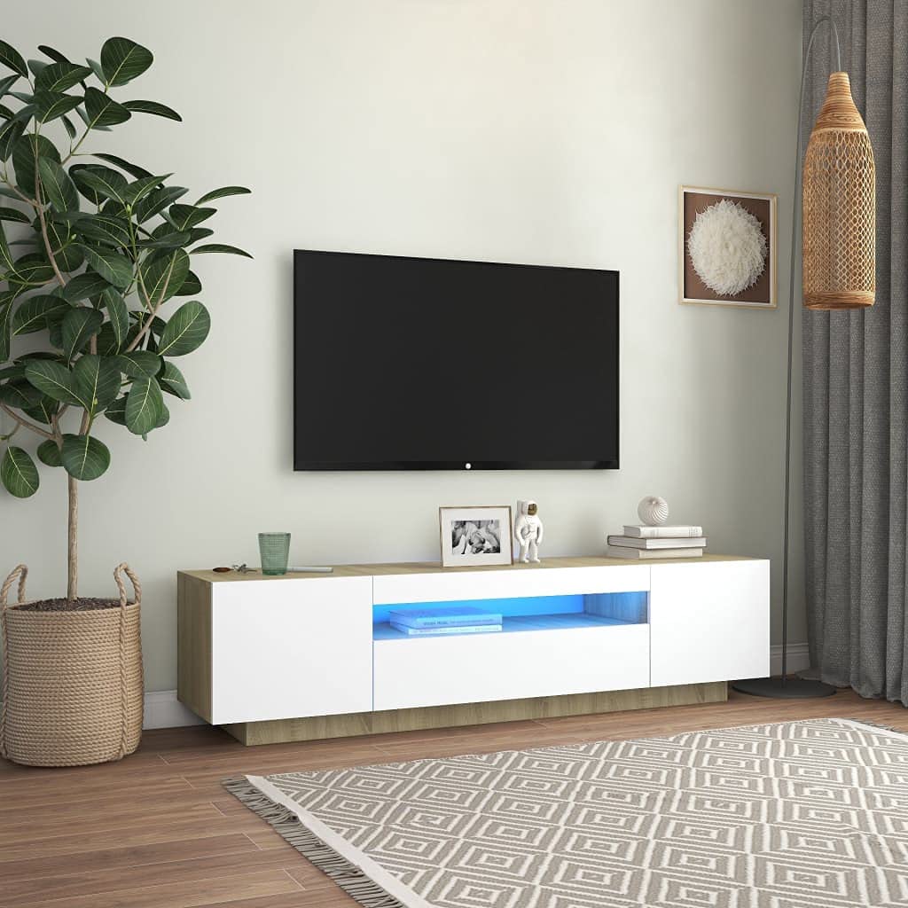 iFCOW 804432 63-inch TV Stand with LED Lights - White & Sonoma Oak Finish, 63