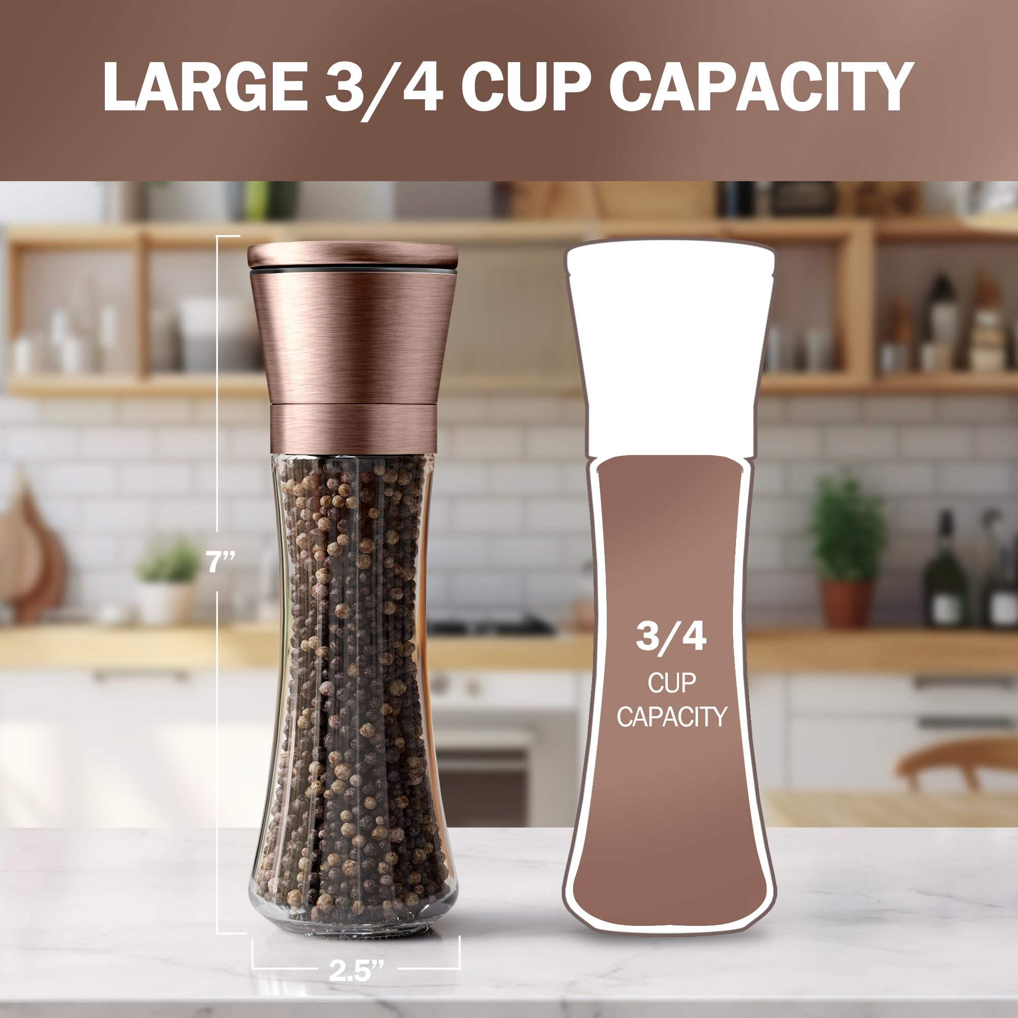 Premium Copper Salt and Pepper Grinder Set - 2 Adjustable Ceramic Core Mills with Glass Containers & Free Funnel + Ebook - Elegant Kitchen Spice Shakers for Cooking, Baking & Table Setting - Durable Copper Kitchen Accessories