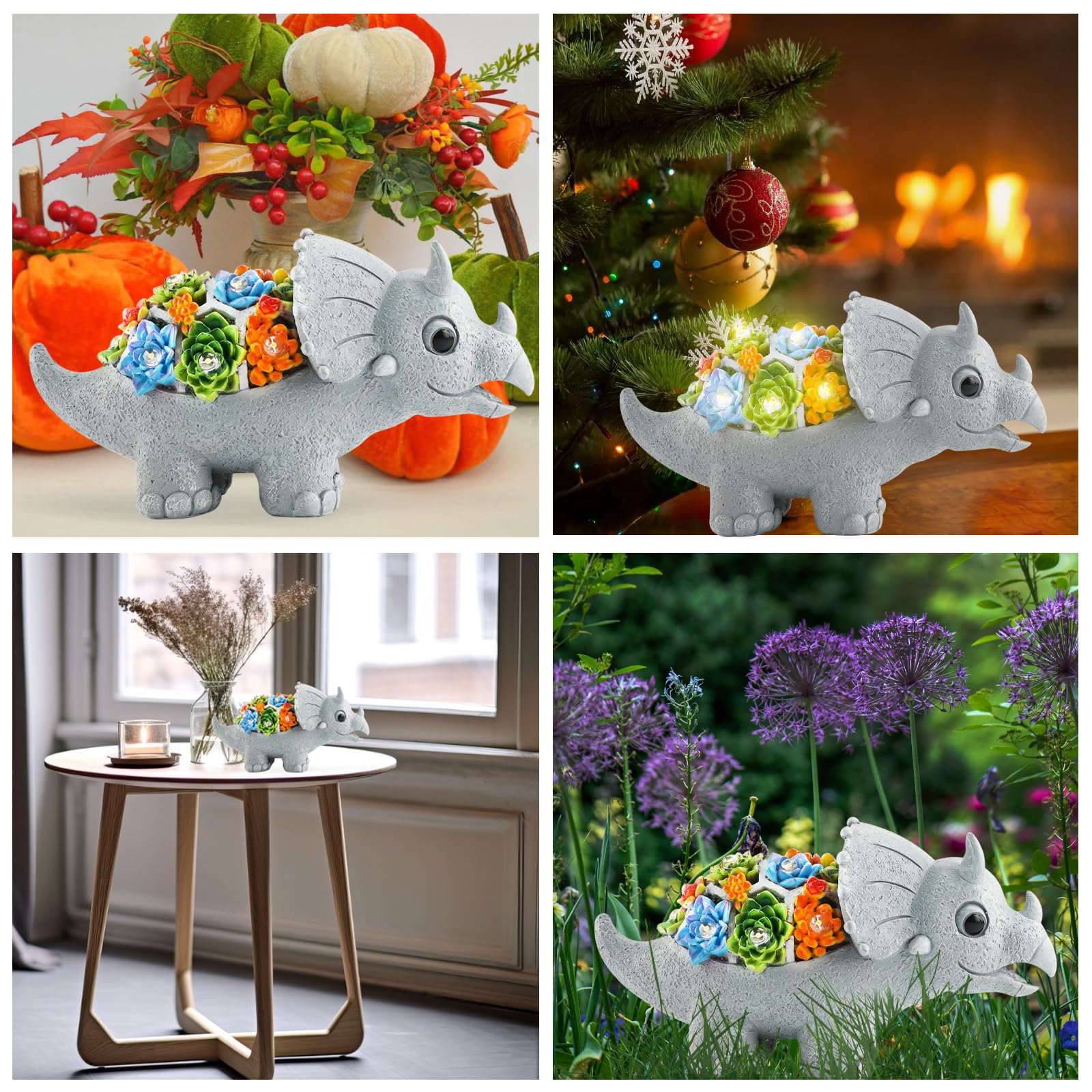 Solar Dinosaur Garden Statues with LED Lights & Succulent Planter - Outdoor Lawn Decor for Patio, Balcony, Yard - Unique Housewarming & Birthday Gifts for Women, Mom, Grandma - Perfect for Garden Themed Parties & Dinosaur Lovers