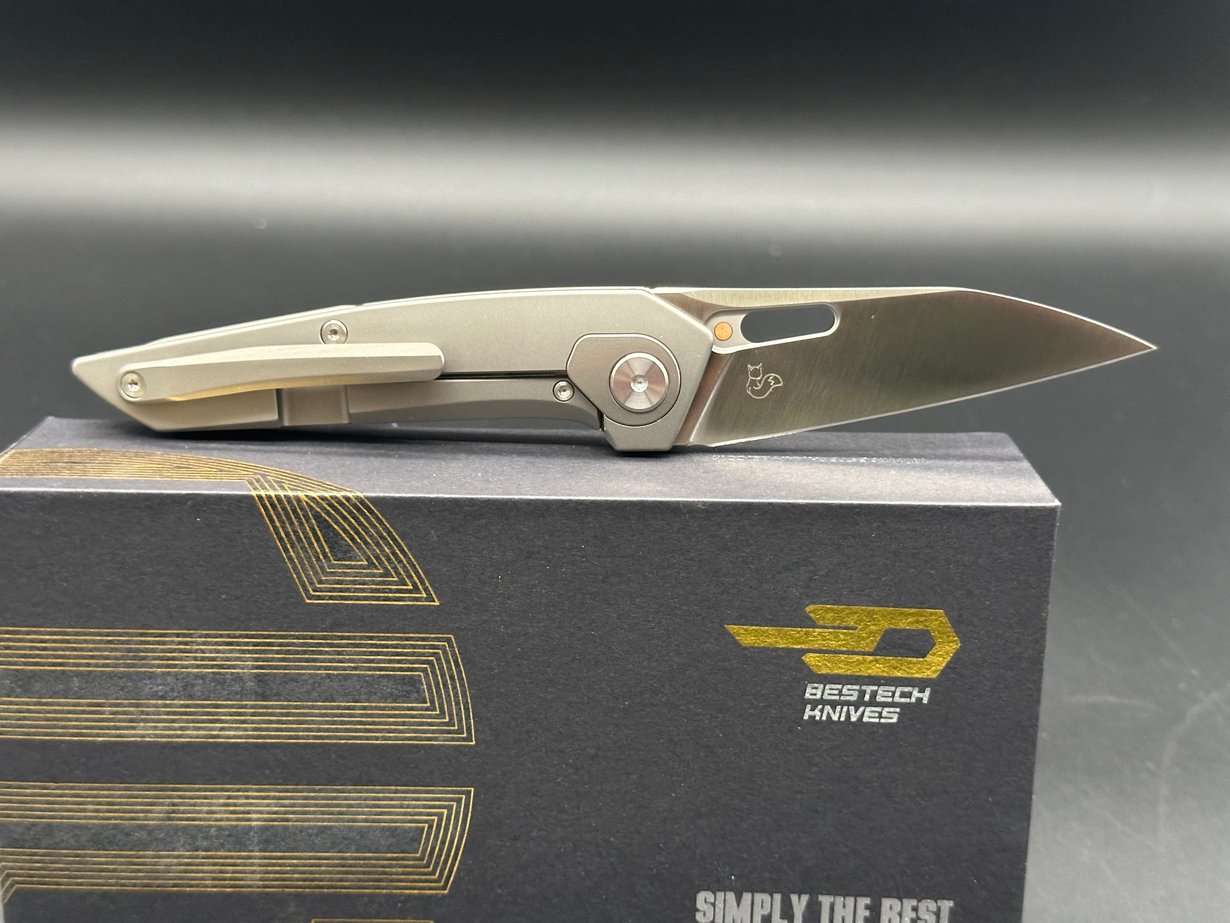 BESTECH VK VOID Folding Knife - White Bead Blast/Stonewash Titanium Handle, ELMAX Plain Edge Satin Finish BT2305A - EDC Pocket Knife for Camping, Hiking & Outdoor Survival