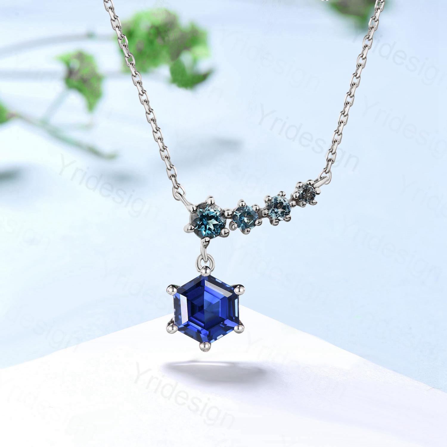 Elegant Hexagon Cut Sapphire Pendant Necklace - 5 Stone 9K/14K/18K Rose Gold Art Deco London Blue Topaz Jewelry - Anniversary Gift for Her, Birthday Present, Wedding Party, Special Occasion