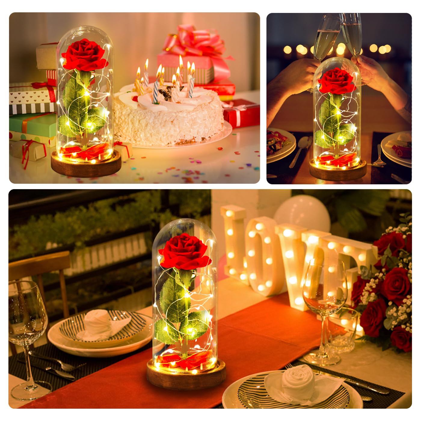 Beauty and The Beast Rose in Glass Dome with LED Lights - Romantic Valentine's Day Gift for Her, Wife, Girlfriend | Anniversary, Birthday Present for Women | Perfect for Home Decor, Wedding Centerpiece, and Special Occasions