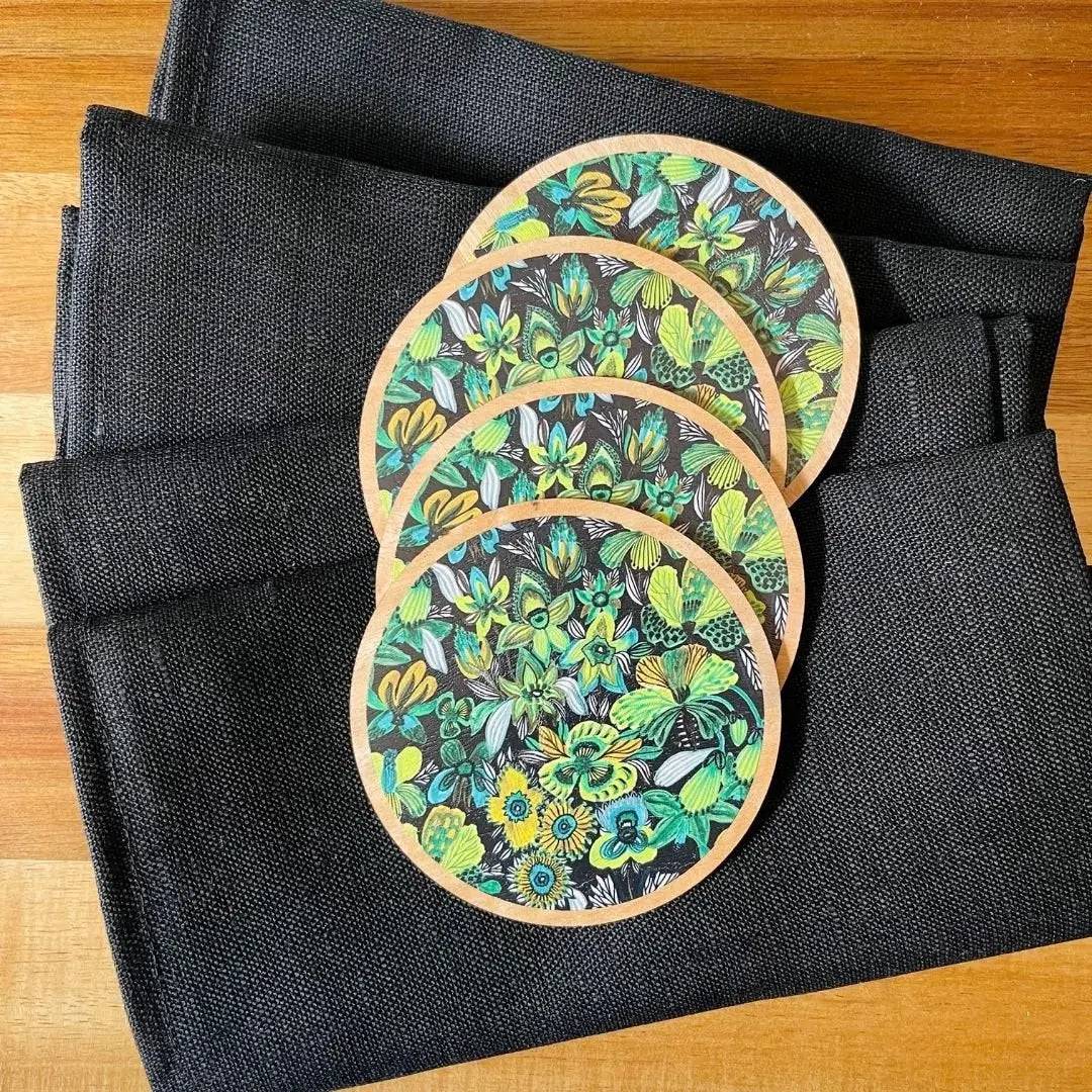 Premium Australian Wooden Coaster & Napkin Set with Rainforest Flowers Design - Perfect for Dining Table, Coffee Table, and Home Decor
