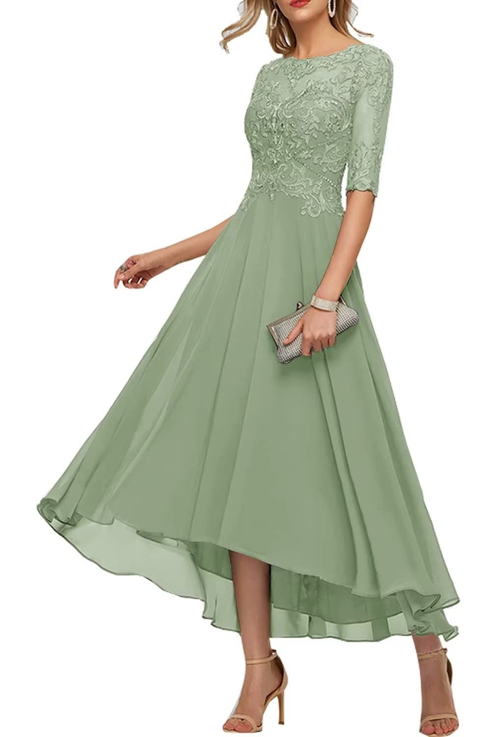 Elegant Sage Green Lace Applique Mother of The Bride Dress - Half Sleeve Formal Evening Gown US Size 22W | Perfect for Weddings, Galas & Special Occasions