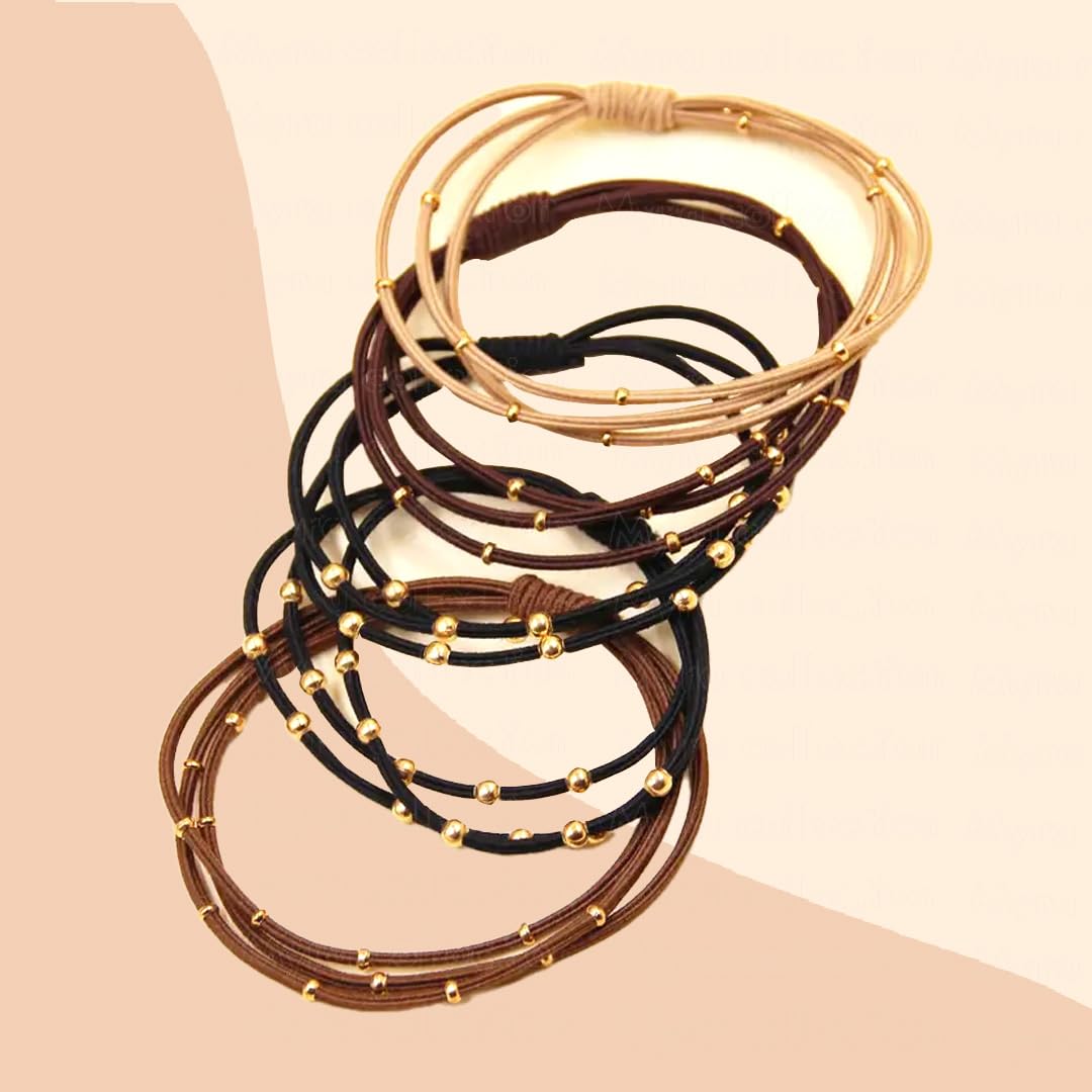 Myra Collection 5-Piece Gold Beaded Hair Ties & Bracelet Set - 3-Layer Elastic Hair Accessories for Women & Girls - Elegant Ponytail Holders for Daily Wear, Parties & Special Occasions