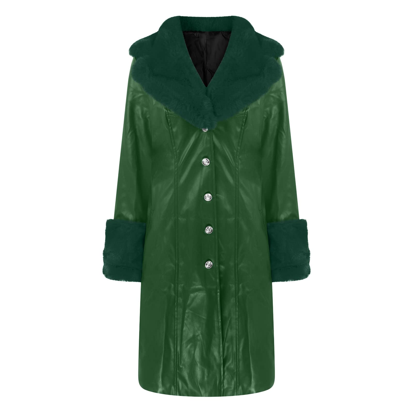 Women's Faux Leather Trench Coat - Winter Long Sleeve Button Down Overcoat with Warm Lining | Stylish Casual Outerwear for Work, Date Night & Cold Weather Fashion