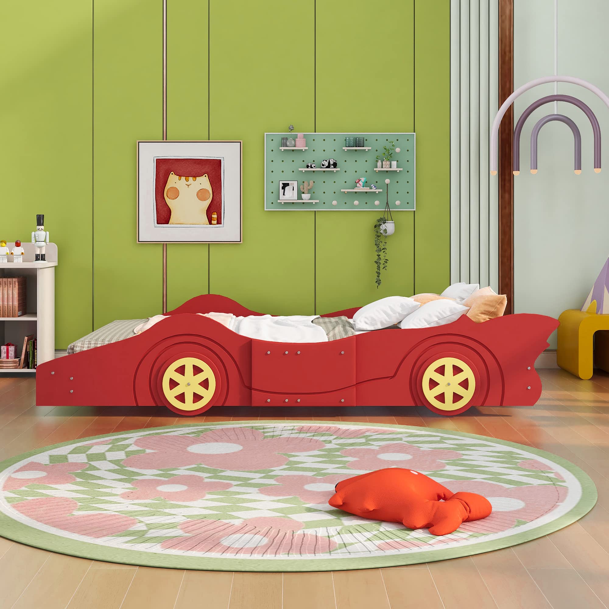 Race Car-Shaped Full Size Wooden Bed Frame for Boys - Red Full Car Bed with Wheels & Slat Support - Fun Kids Bedroom Furniture for Playful Sleep & Adventure Dreams