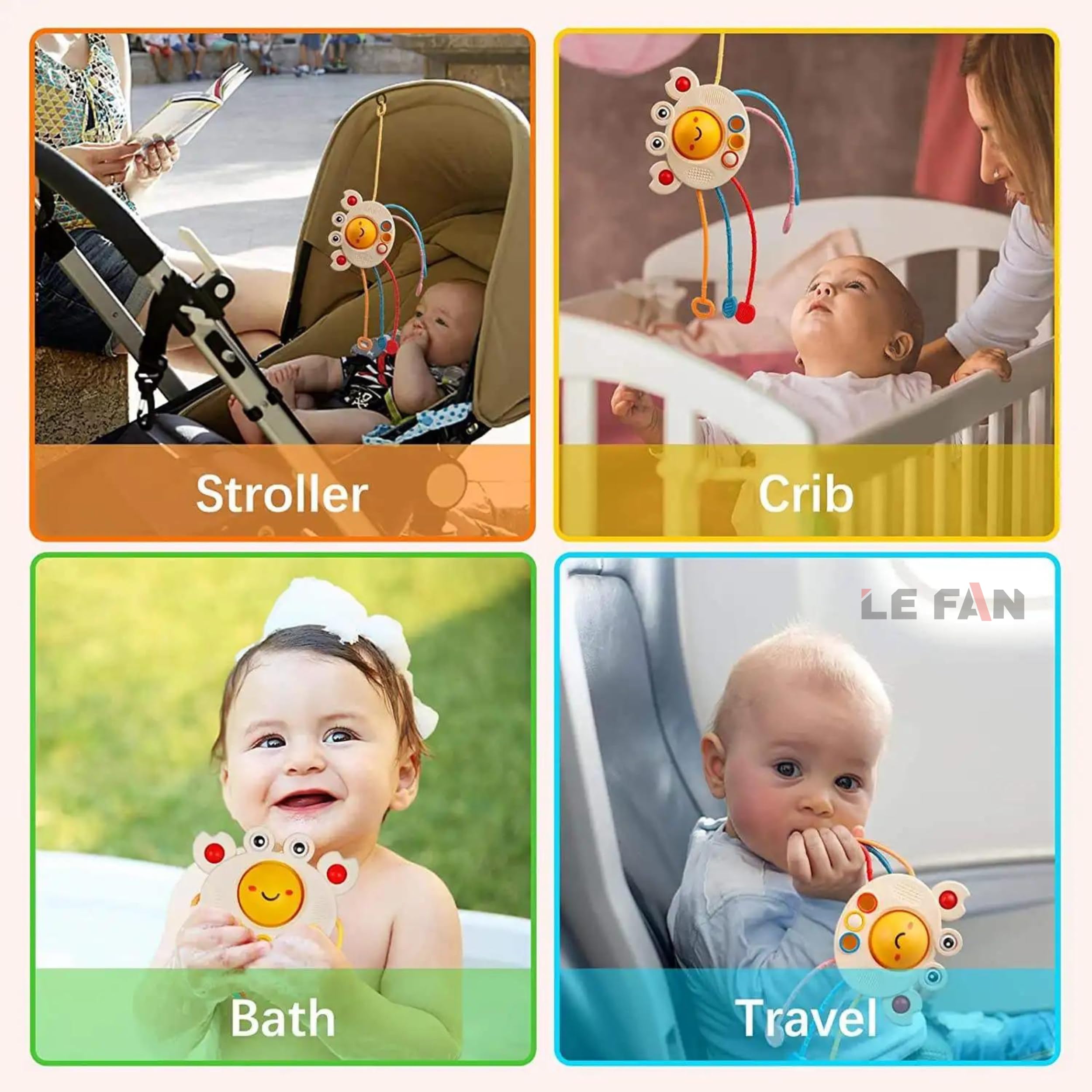 Lefan Crab Pull String Teether Toy for Babies 6+ Months - Food Grade Silicone Sensory Montessori Toy for Teething, Fine Motor Skills Development - Perfect Travel Toy for Toddlers & Infants (Great for Car Rides, Daycare, and On-the-Go Playtime)