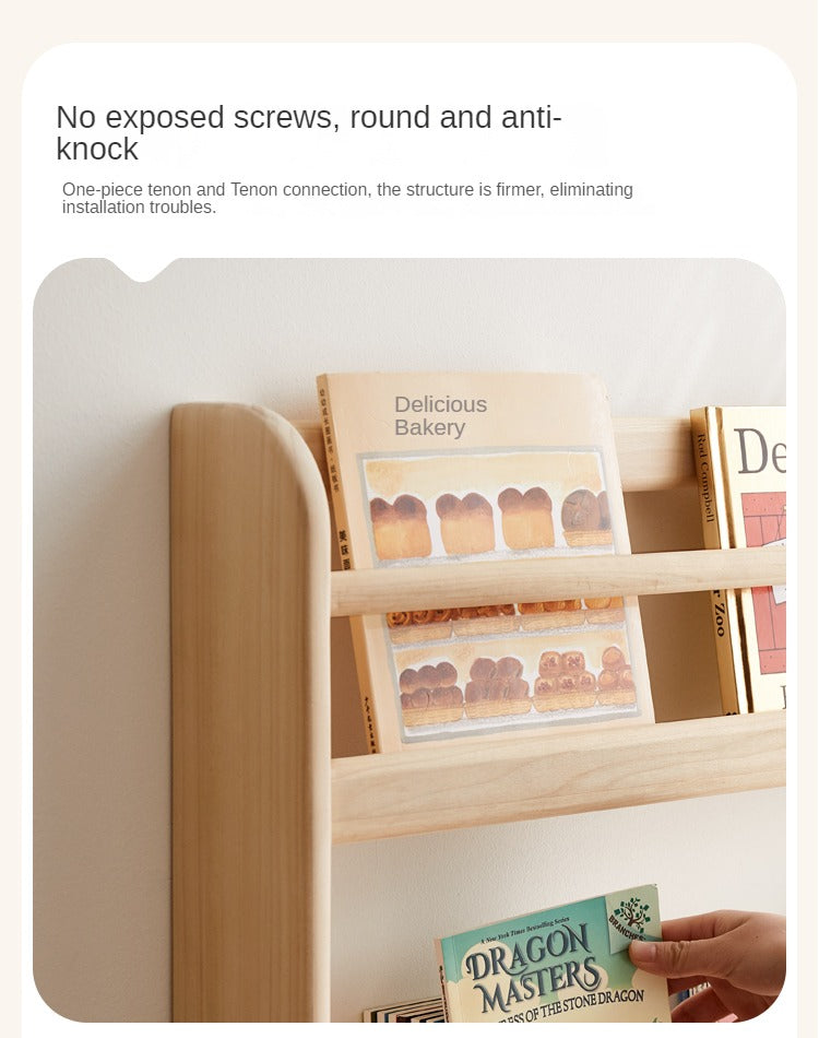 Popar Solid Wood Wall Mounted Bookshelf - Kids Book Storage Organizer for Nursery, Playroom & Classroom - Perfect for Children's Books, Toys & Decor