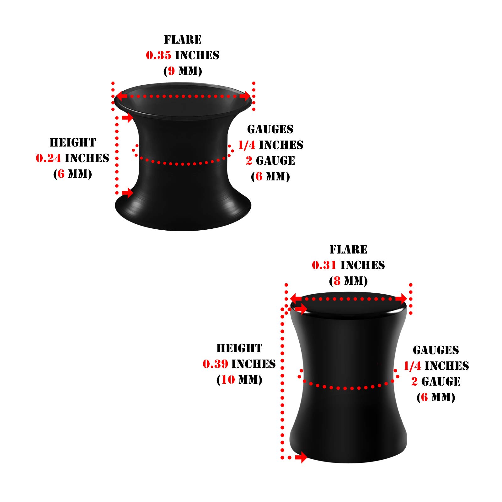 2 Pairs Black Silicone Double Flared Saddle Ear Plugs - Acrylic Flesh Tunnel Earrings for Stretching & Piercing Jewelry - Perfect for Gauged Ears, Alternative Fashion & Body Modification