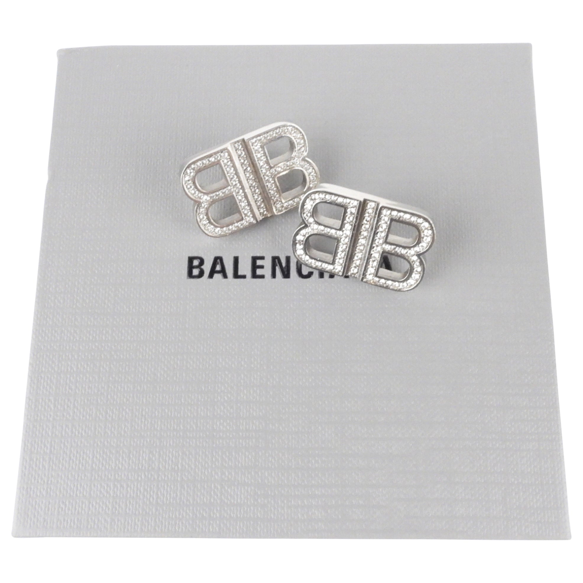 Balenciaga Silver Crystal Embellished Monogram Logo Stud Earrings for Women - Luxury Fashion Jewelry for Parties, Weddings & Special Occasions