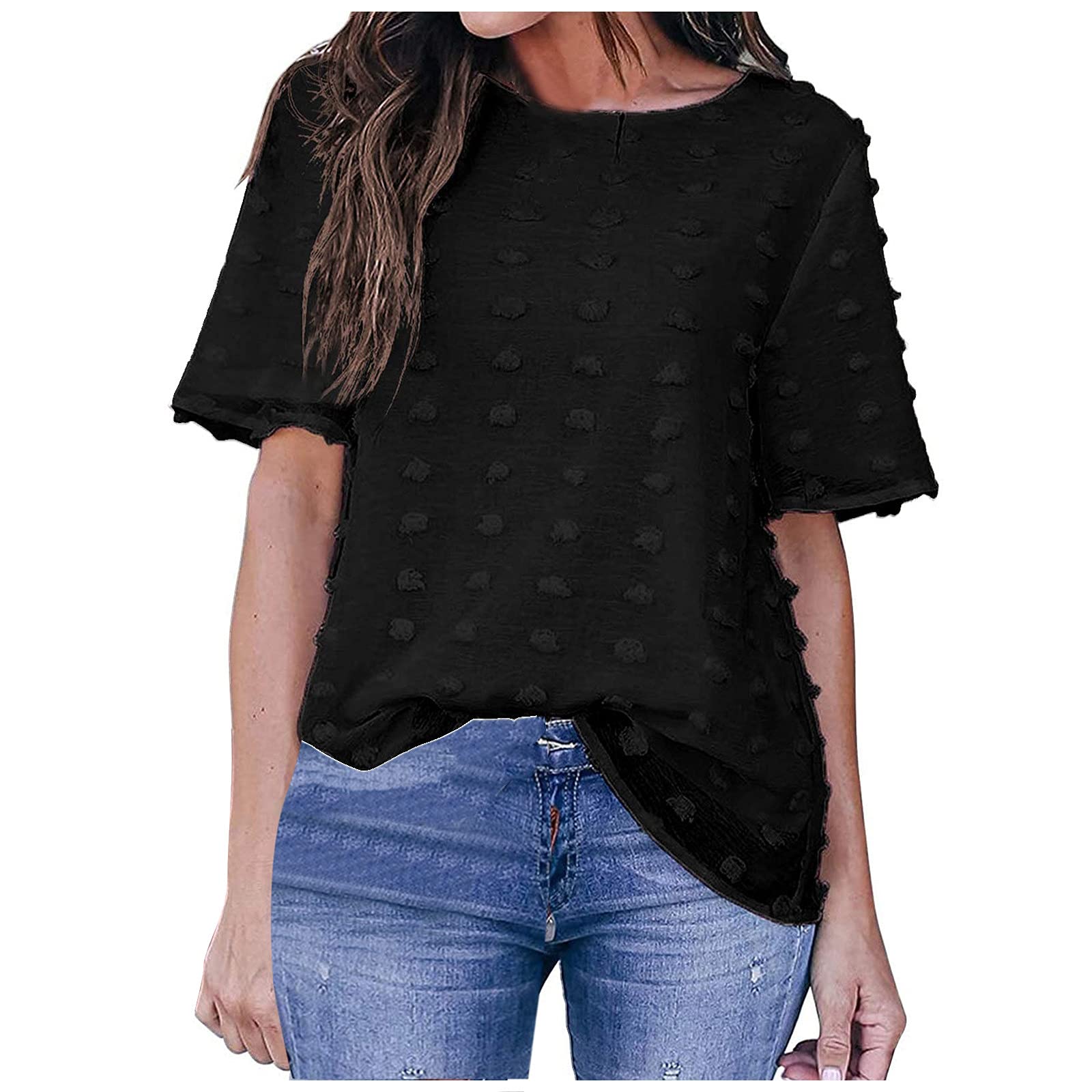Women's Chiffon Shirts Summer Casual Loose Round Neck Short Sleeve Pom Pom Swiss Dot Tops Solid Tunic Blouse Tee - Perfect for Beach Outings, Office Wear & Summer Vacation Outfits