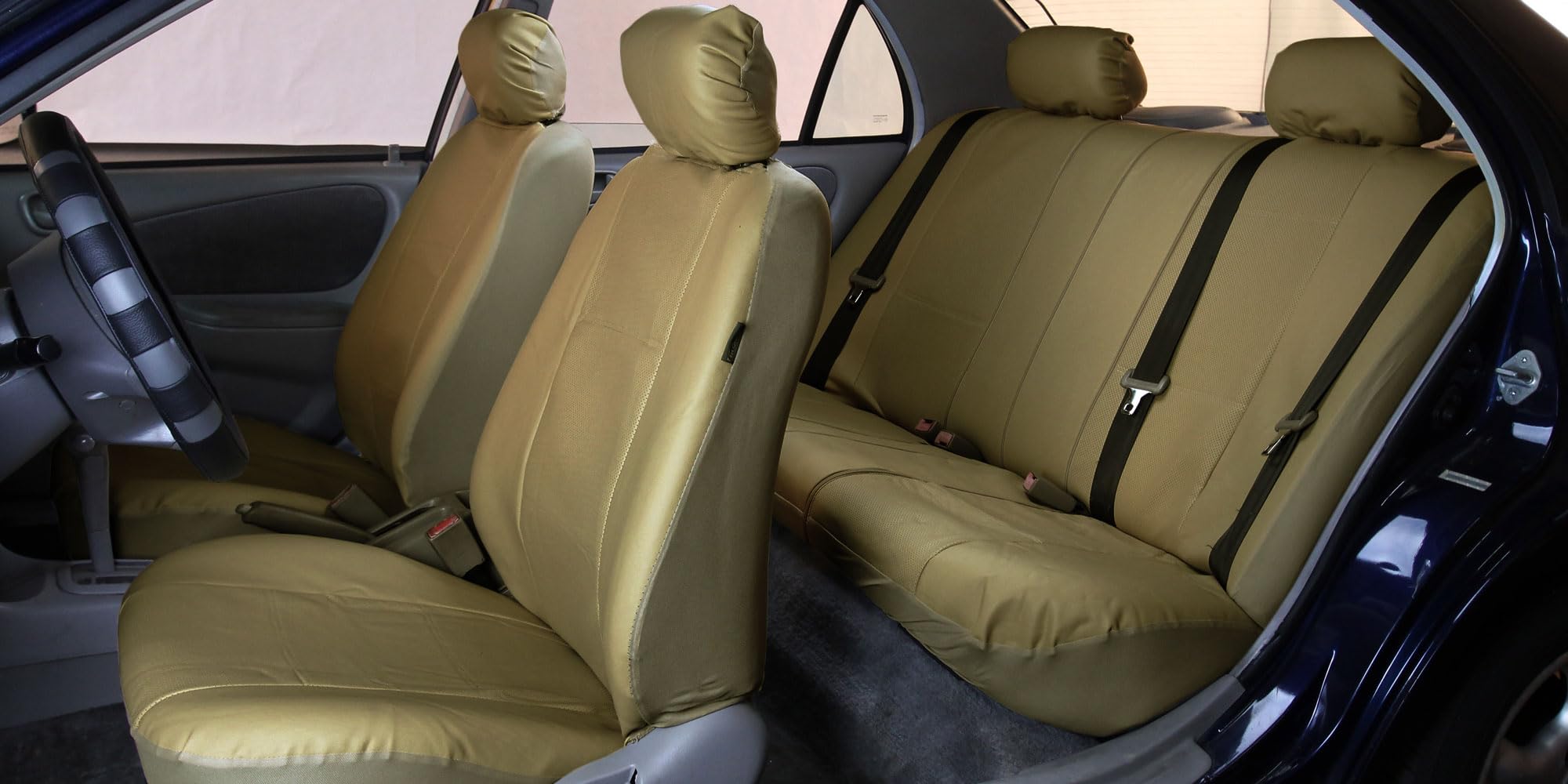 Premium FH Group Universal Car Seat Covers - Beige Full Set Leatherette Protector with Vinyl Floor Mats | Airbag Compatible, Split Bench Design | Perfect for SUVs, Trucks & Sedans | Interior Accessories for Comfort & Style