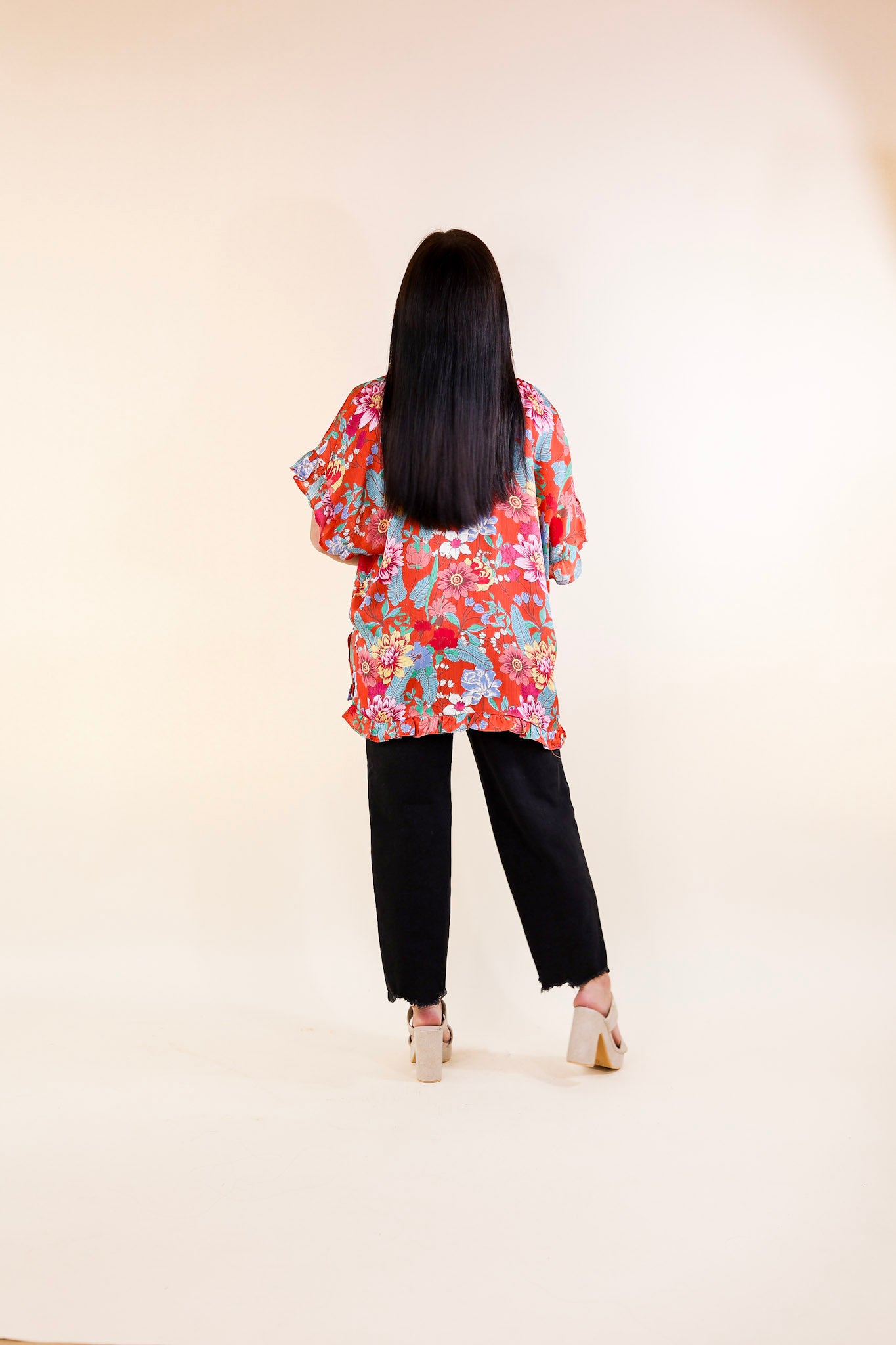 Blissful Mindset Floral Print V-Neck Blouse with Ruffled Short Sleeves - Orange Summer Top for Women | Perfect for Beach Vacations, Date Nights & Casual Outings