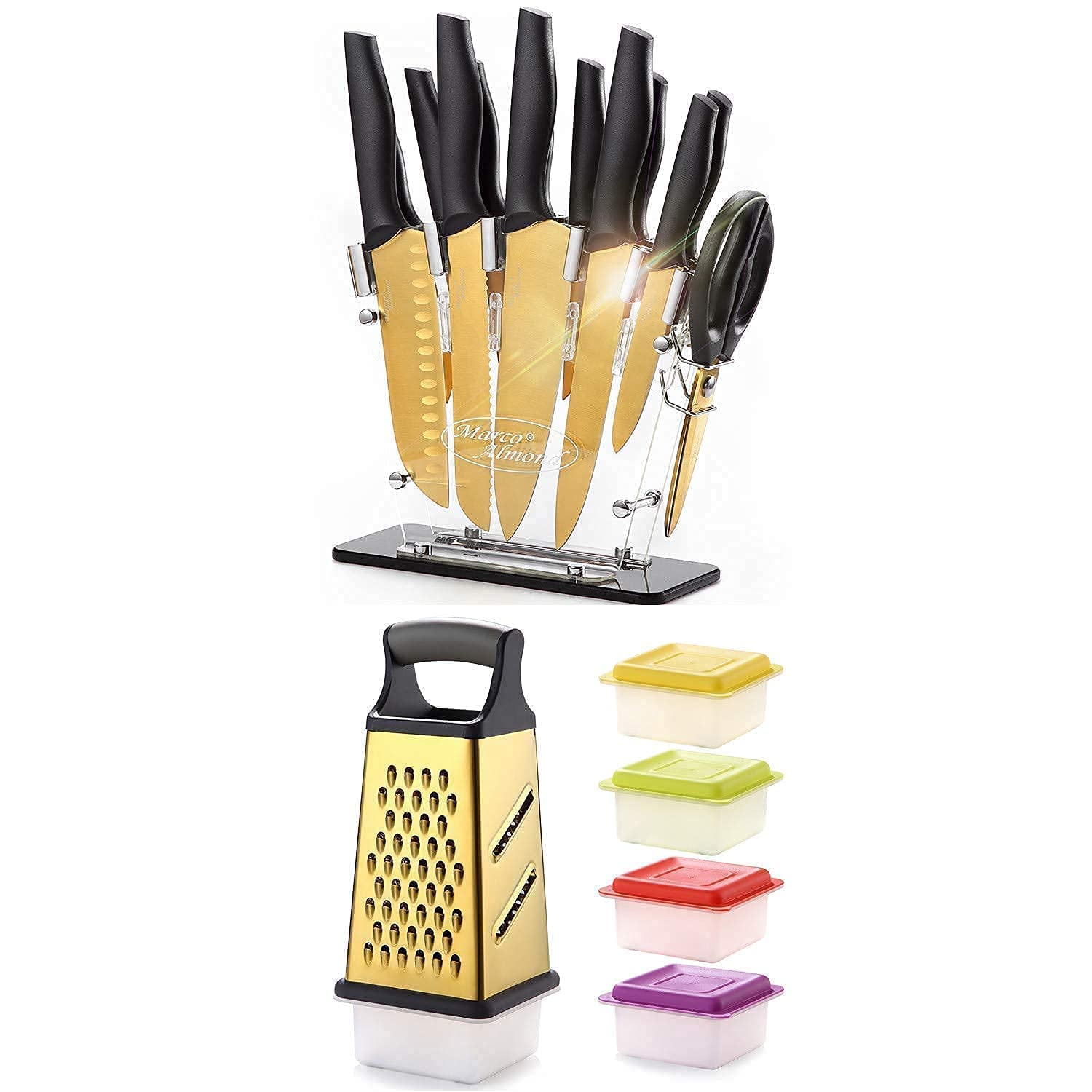 Premium Golden Titanium Knife Set with Acrylic Stand - 5-Piece Kitchen Knives with Block + KYA53 Golden Titanium Box Grater - Stainless Steel Grater Slicer for Potato, Salad & Vegetables - 4-Sided Multi-Functional Peeler - Perfect for Home Cooking, Meal Prep & Professional Kitchens