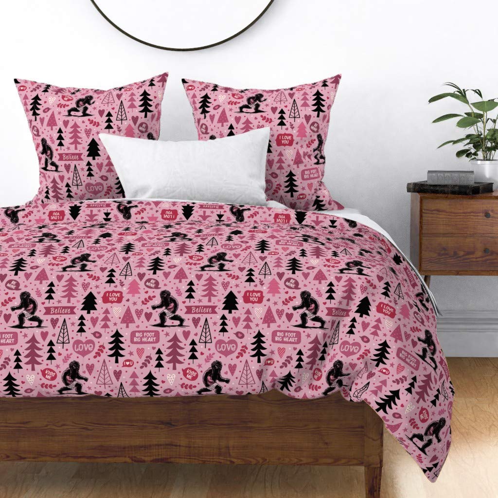 Valentine Bigfoot Sasquatch Duvet Cover Twin - Pink Hearts Mythical Monster Boxers Print Custom Cotton Sateen Bedding for Valentine's Day | Perfect for Forest-Themed Bedrooms & Unique Gift Ideas