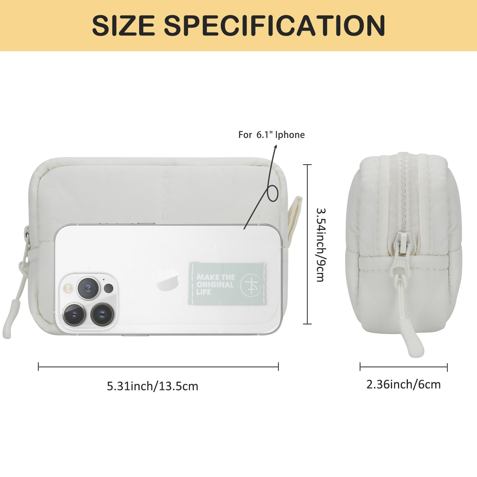 Cute Mini Makeup Bag for Women - Travel Cosmetic Organizer | White Quilted Toiletry Pouch for Daily Use & Trips