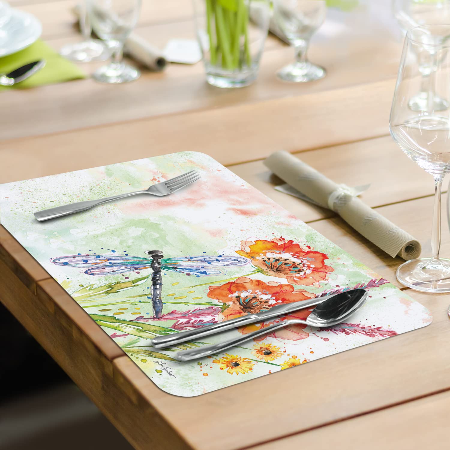 CounterArt Hummingbird Fanciful Flight 4-Pack Reversible Placemats | BPA-Free PVC-Free Flexible Plastic | Easy-Care Wipe Clean | Made in USA | Perfect for Dining Tables, Kitchen Countertops & Outdoor Entertaining