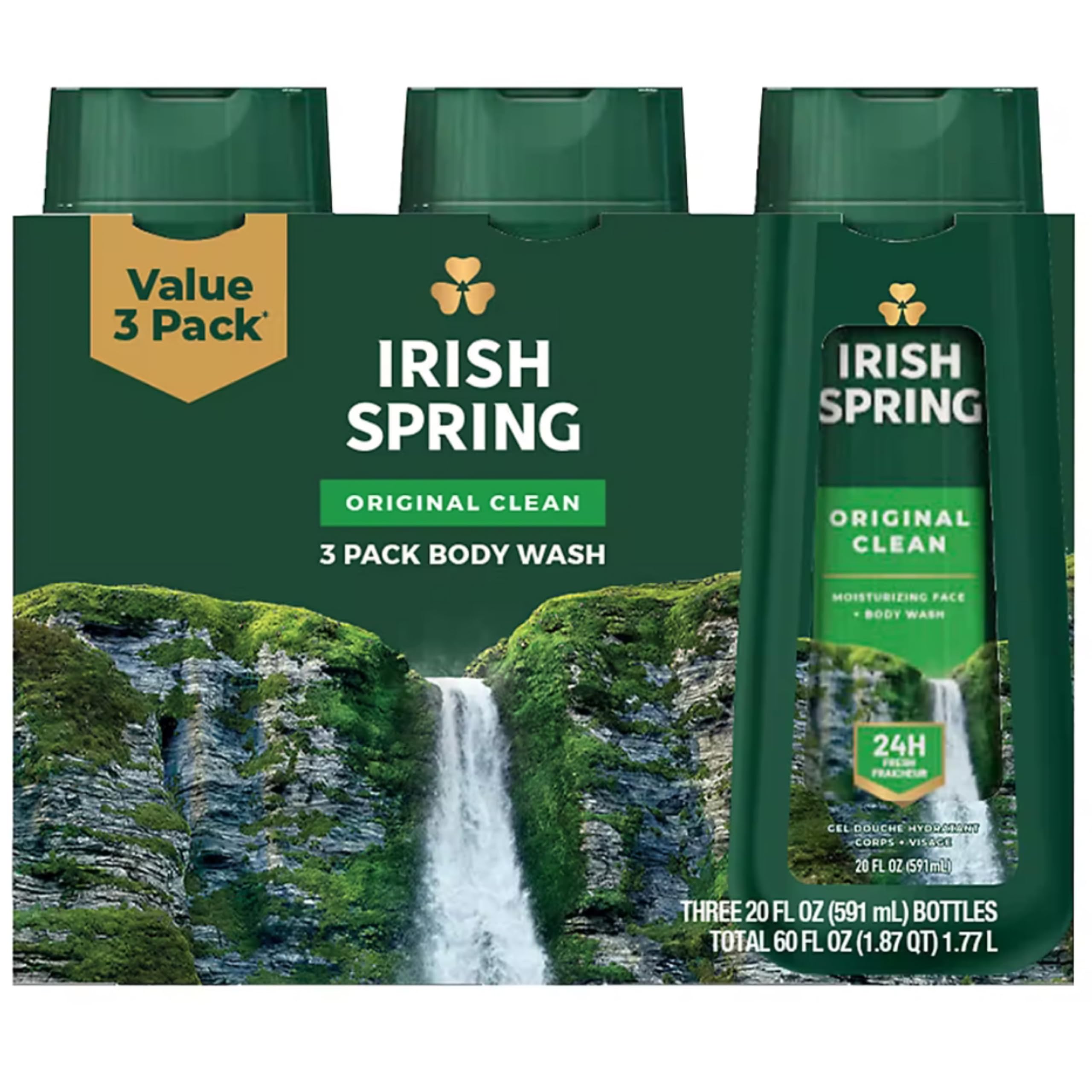 Irish Spring Original Clean Moisturizing Body Wash & Face Wash - 3 Pack | Refreshing Bar Soap for Men & Women | Shower, Gym & Travel Use