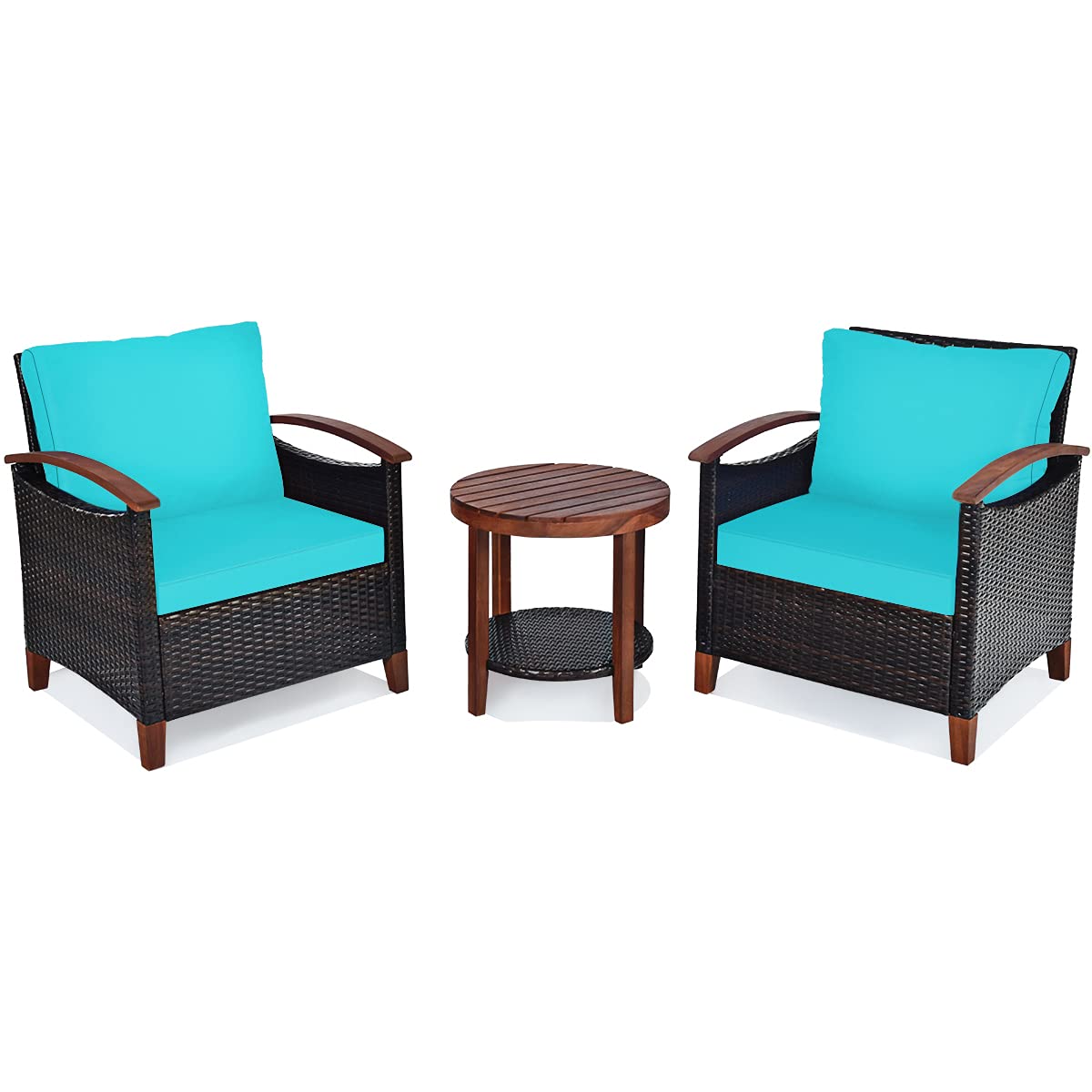 3-Piece Outdoor Patio Furniture Set - Rattan Sofa with Washable Cushions & Acacia Wood Coffee Table - Weather-Resistant Wicker Conversation Set for Garden, Poolside, Balcony (Turquoise) - Perfect for Relaxing, Entertaining & Outdoor Lounging