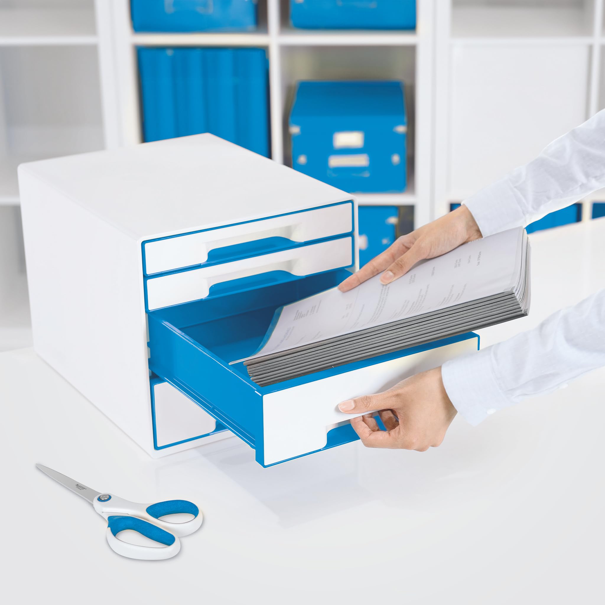 Leitz 52132036 Wow Cube 4-Drawer File Cabinet - Blue Metallic for Office & Home Organization