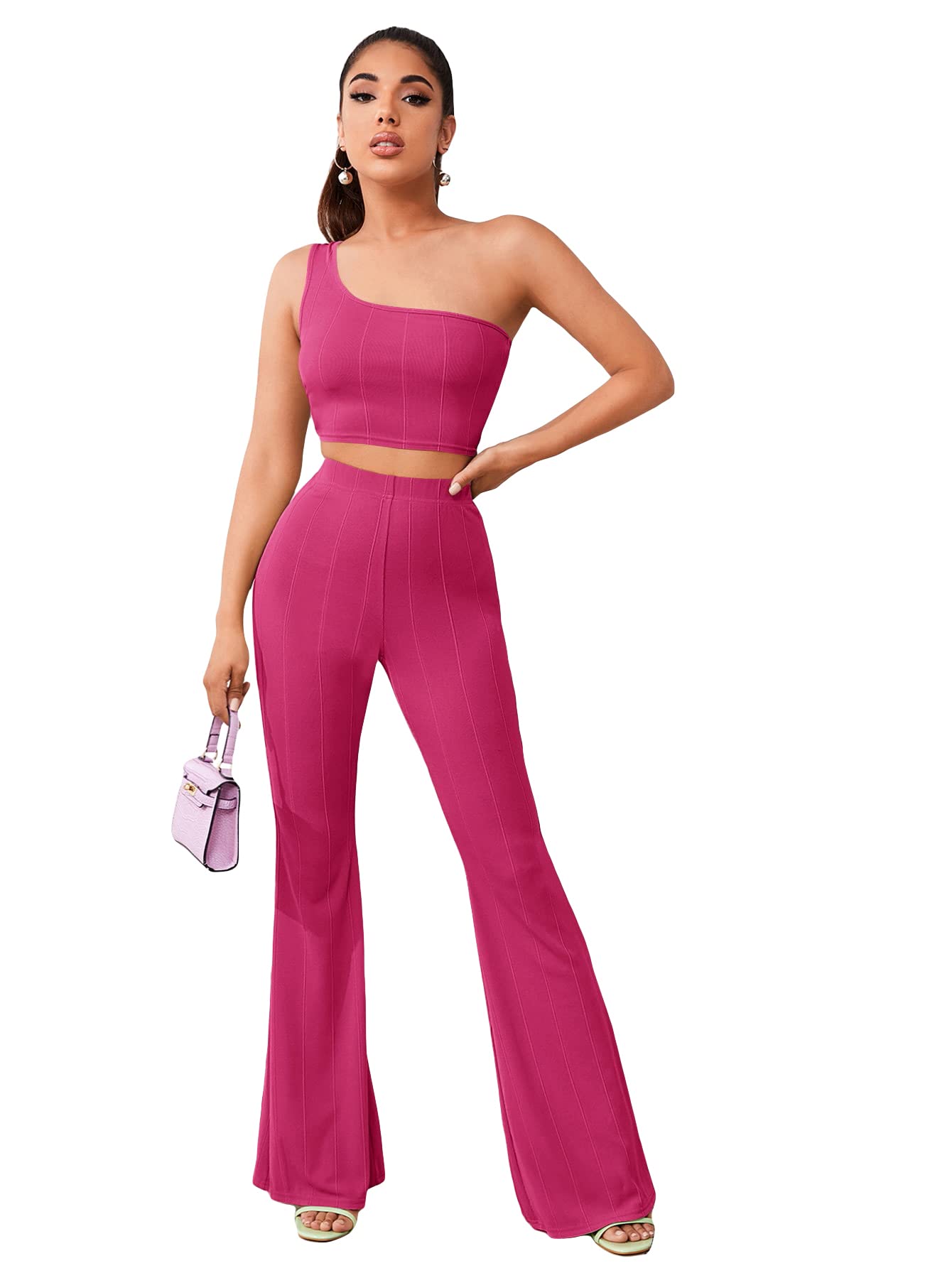 SheIn Women's 2 Piece Outfit - One Shoulder Crop Top & Flare Pants Set | Casual Summer Outfit for Beach, Party & Date Night