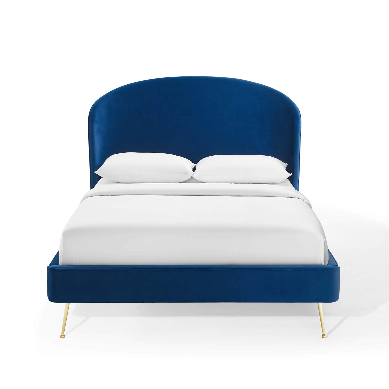 Modway Mira Upholstered Performance Velvet Queen Size Platform Bed Frame in Navy Blue - Luxurious Modern Bedroom Furniture for Master Bedroom or Guest Room