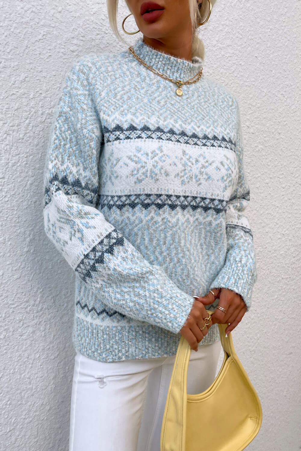Snowflake Pattern Mock Neck Alpine Sweater - Cozy Winter Pullover for Women | Perfect for Christmas, Skiing & Holiday Gatherings