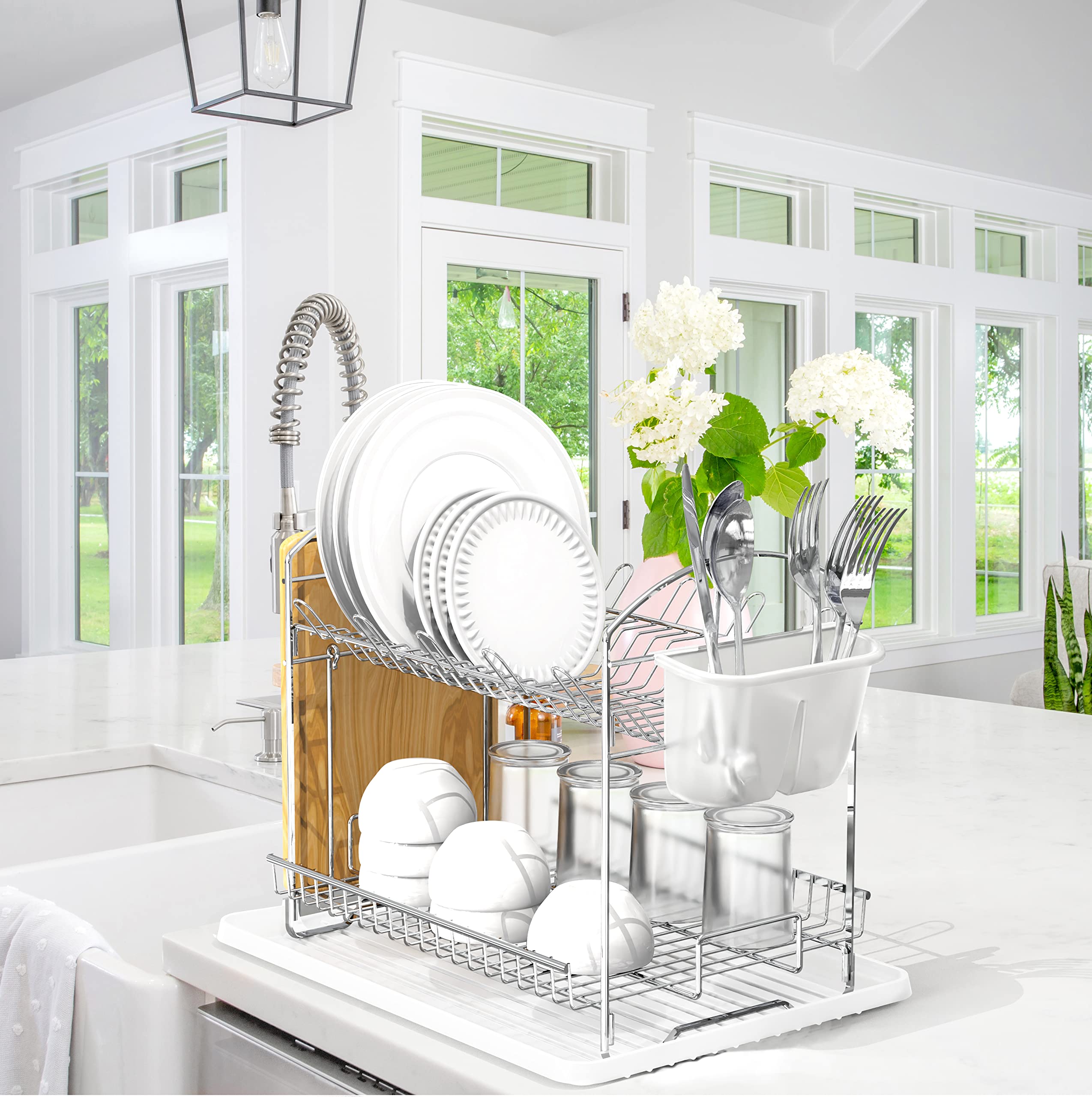2-Tier Stainless Steel Dish Drying Rack with Drainboard | Space-Saving Kitchen Organizer | Perfect for Small Kitchens & Countertops | Chrome Finish | Simple Houseware Brand
