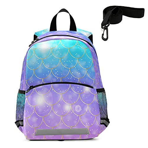 QUGRL Mermaid Fish Scales Toddler Backpack - Fantasy Galaxy School Bag for Kids 3-8 Years | Waterproof Kindergarten & Preschool Travel Backpack with Safety Leash | Perfect for Boys & Girls School, Daycare & Outdoor Adventures